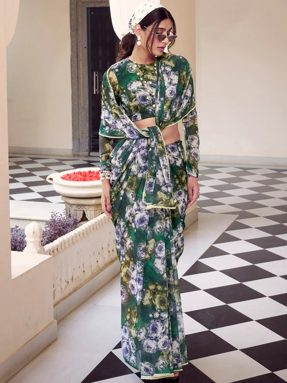 Green Georgette Floral Printed Office Wear Saree With Blouse