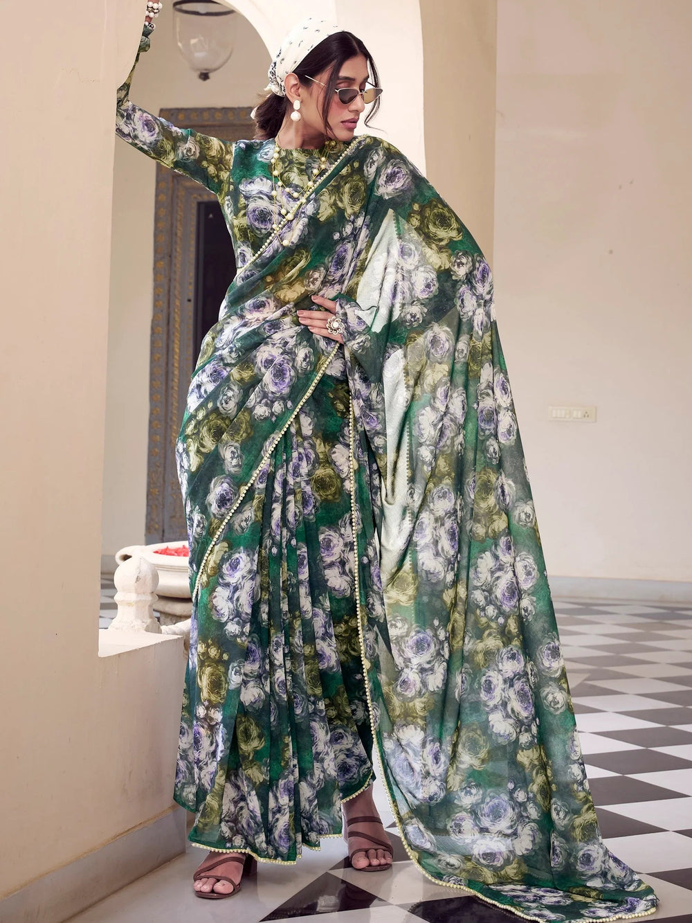 Green Georgette Floral Printed Office Wear Saree With Blouse