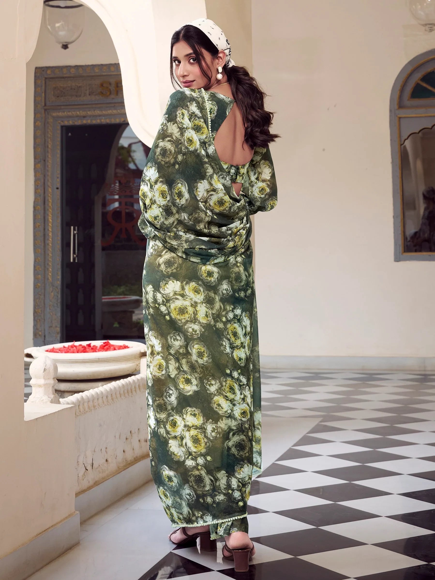 Mehendi Green Georgette Floral Printed Casual Wear Saree