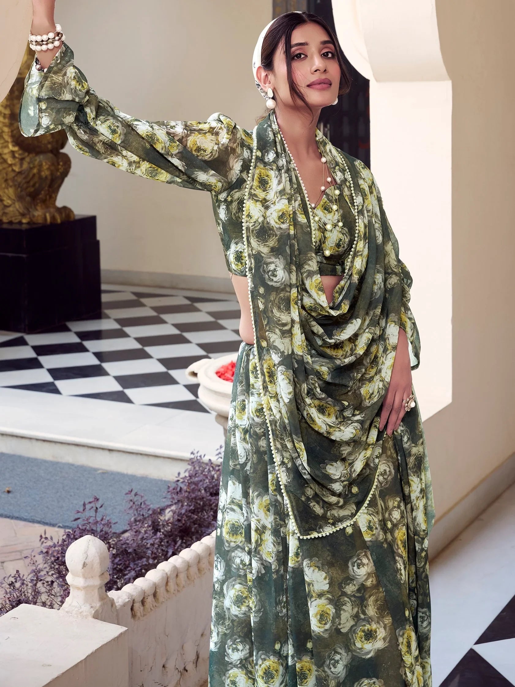 Mehendi Green Georgette Floral Printed Casual Wear Saree