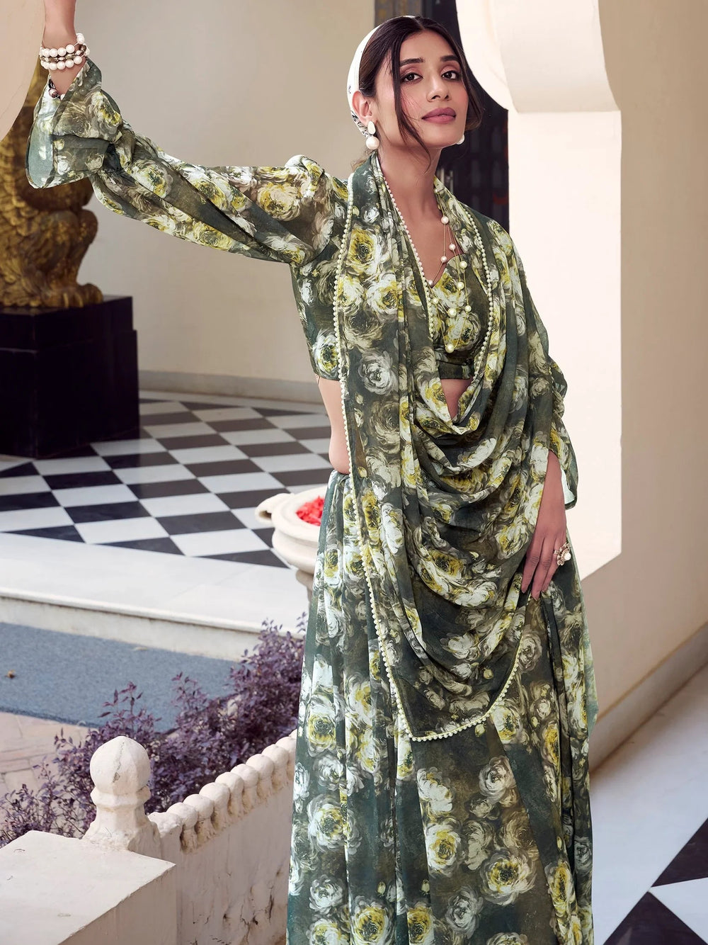 Mehendi Green Georgette Floral Printed Casual Wear Saree