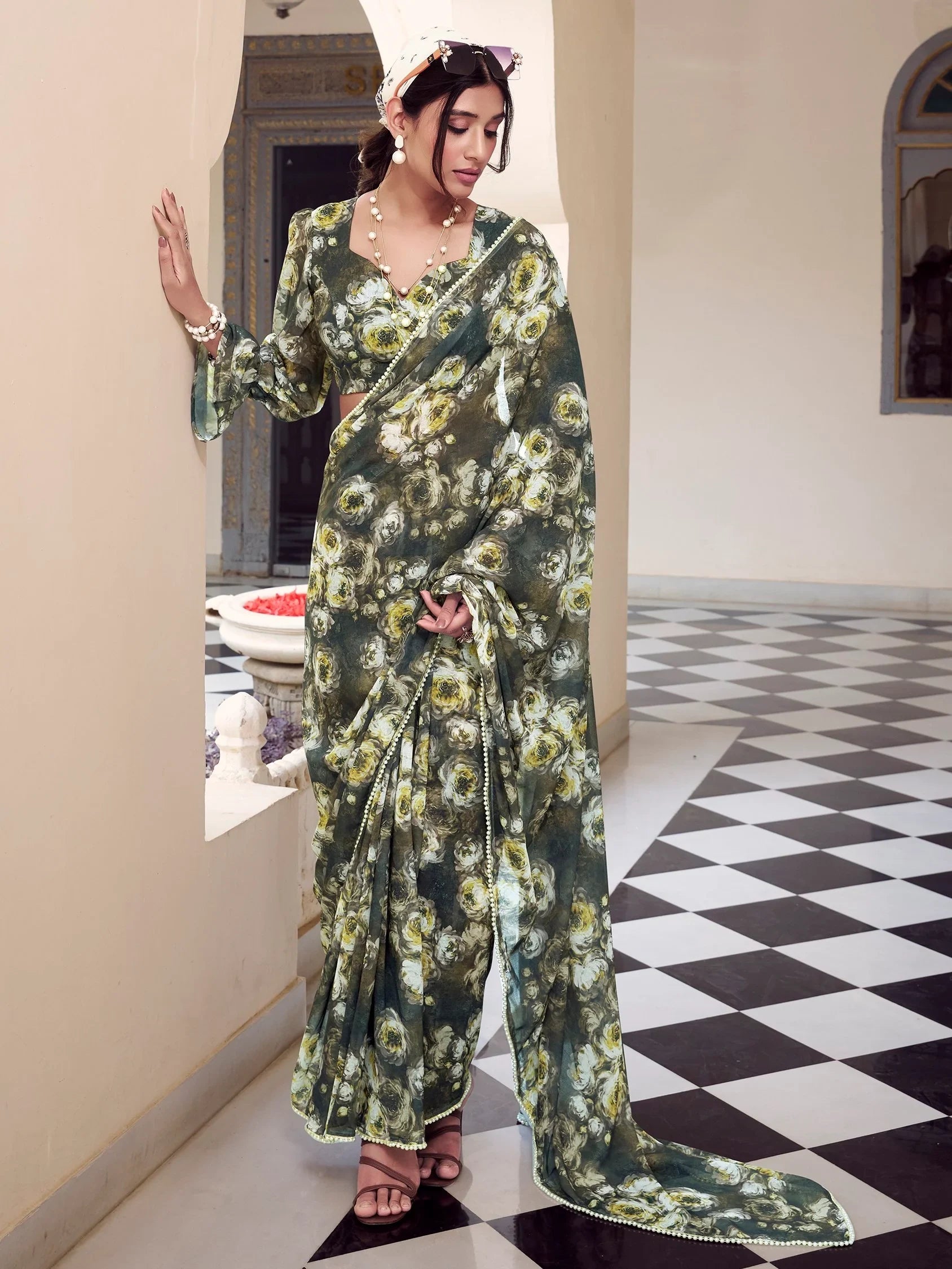 Mehendi Green Georgette Floral Printed Casual Wear Saree