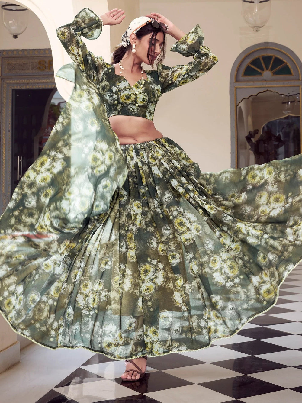 Mehendi Green Georgette Floral Printed Casual Wear Saree
