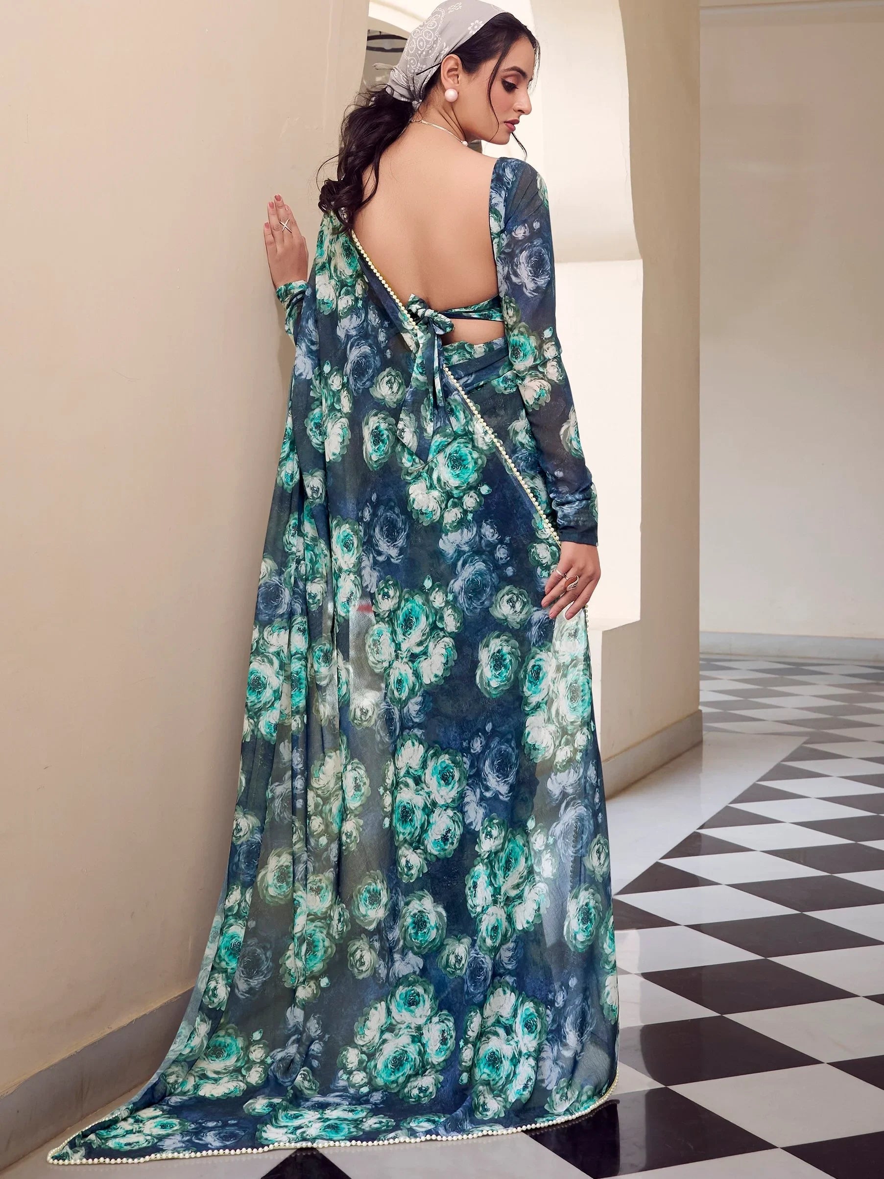 Navy Blue Georgette Floral Printed Event Wear Saree With Blouse