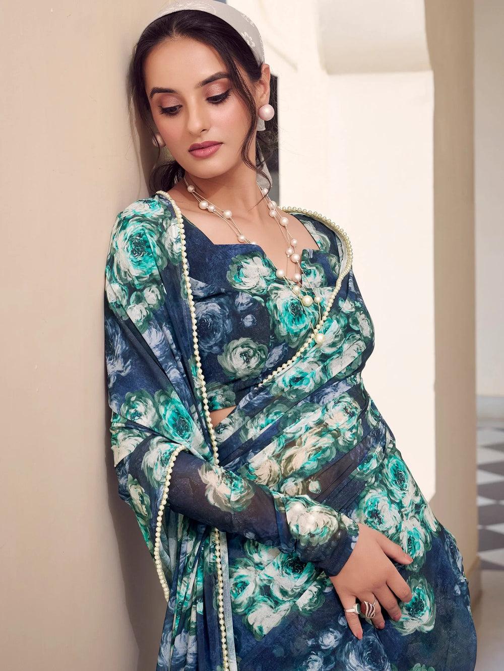 Navy Blue Georgette Floral Printed Event Wear Saree With Blouse