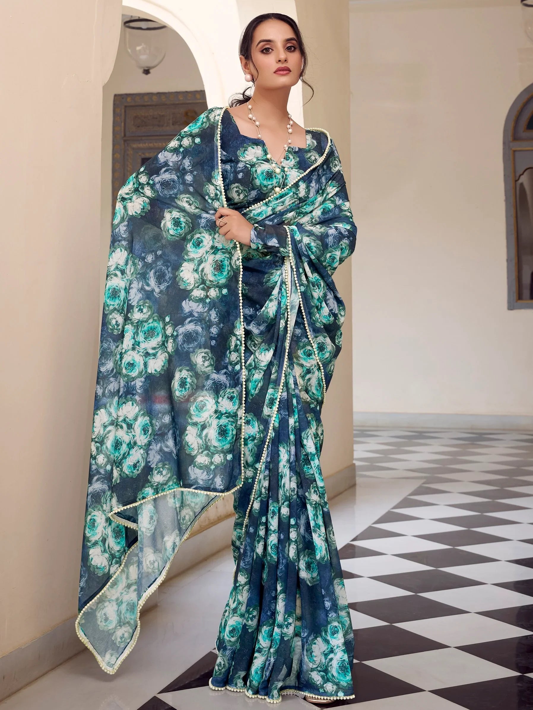 Navy Blue Georgette Floral Printed Event Wear Saree With Blouse