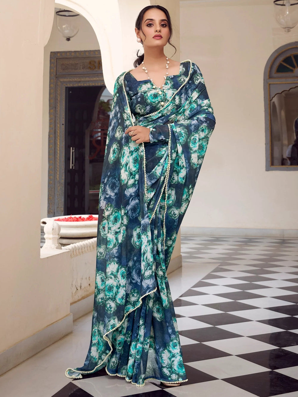 Navy Blue Georgette Floral Printed Event Wear Saree With Blouse