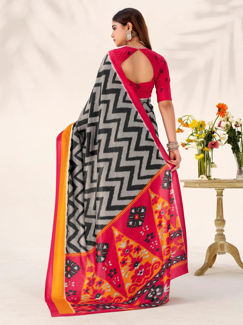 Black Silk Printed Office Wear Saree With Blouse