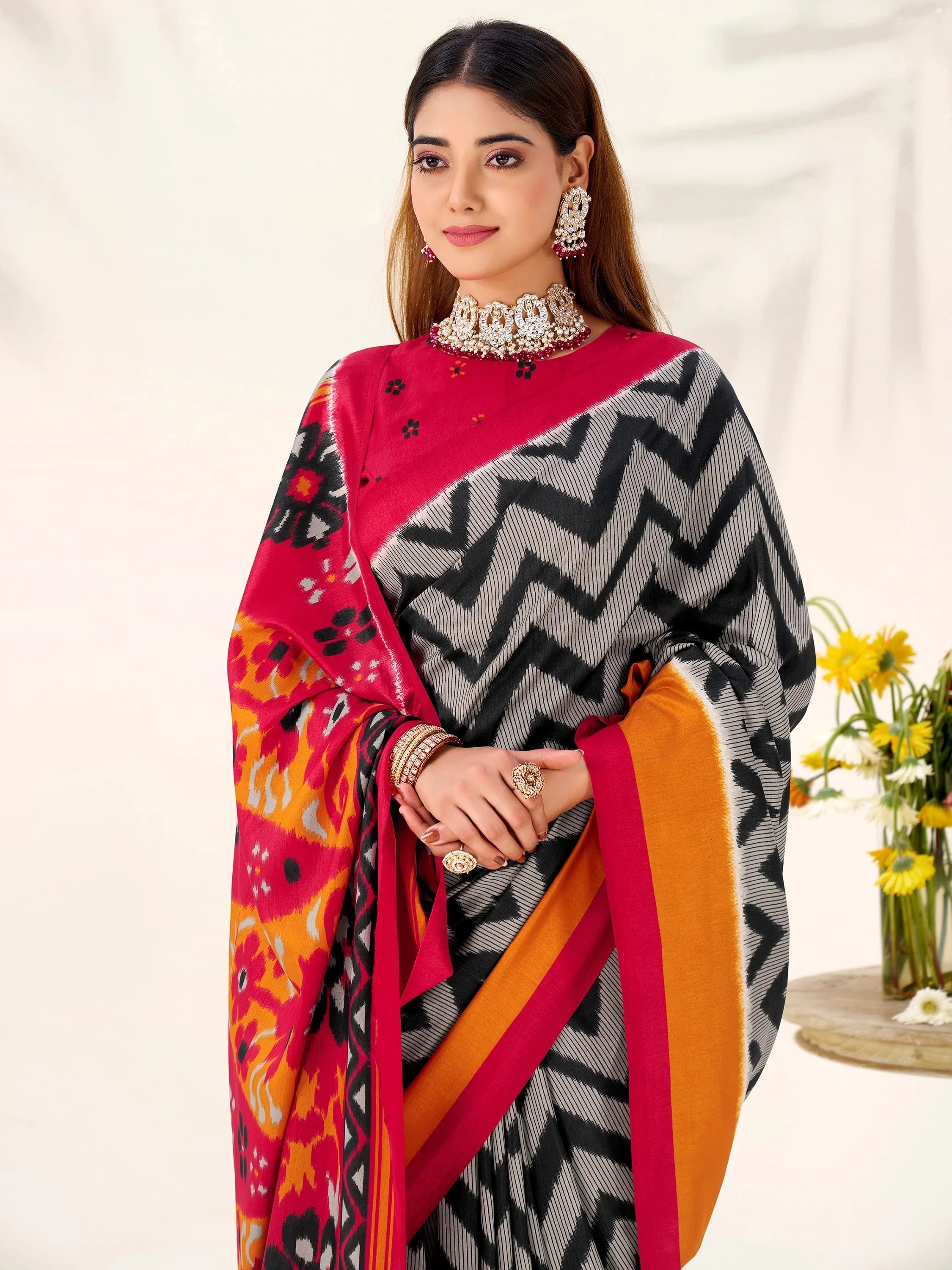 Black Silk Printed Office Wear Saree With Blouse