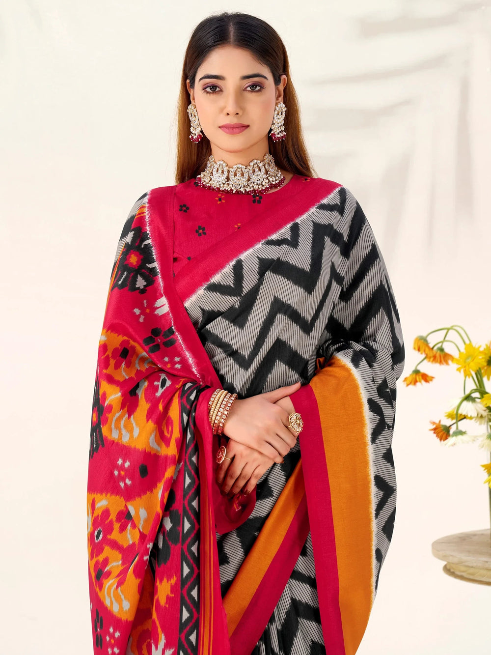 Black Silk Printed Office Wear Saree With Blouse