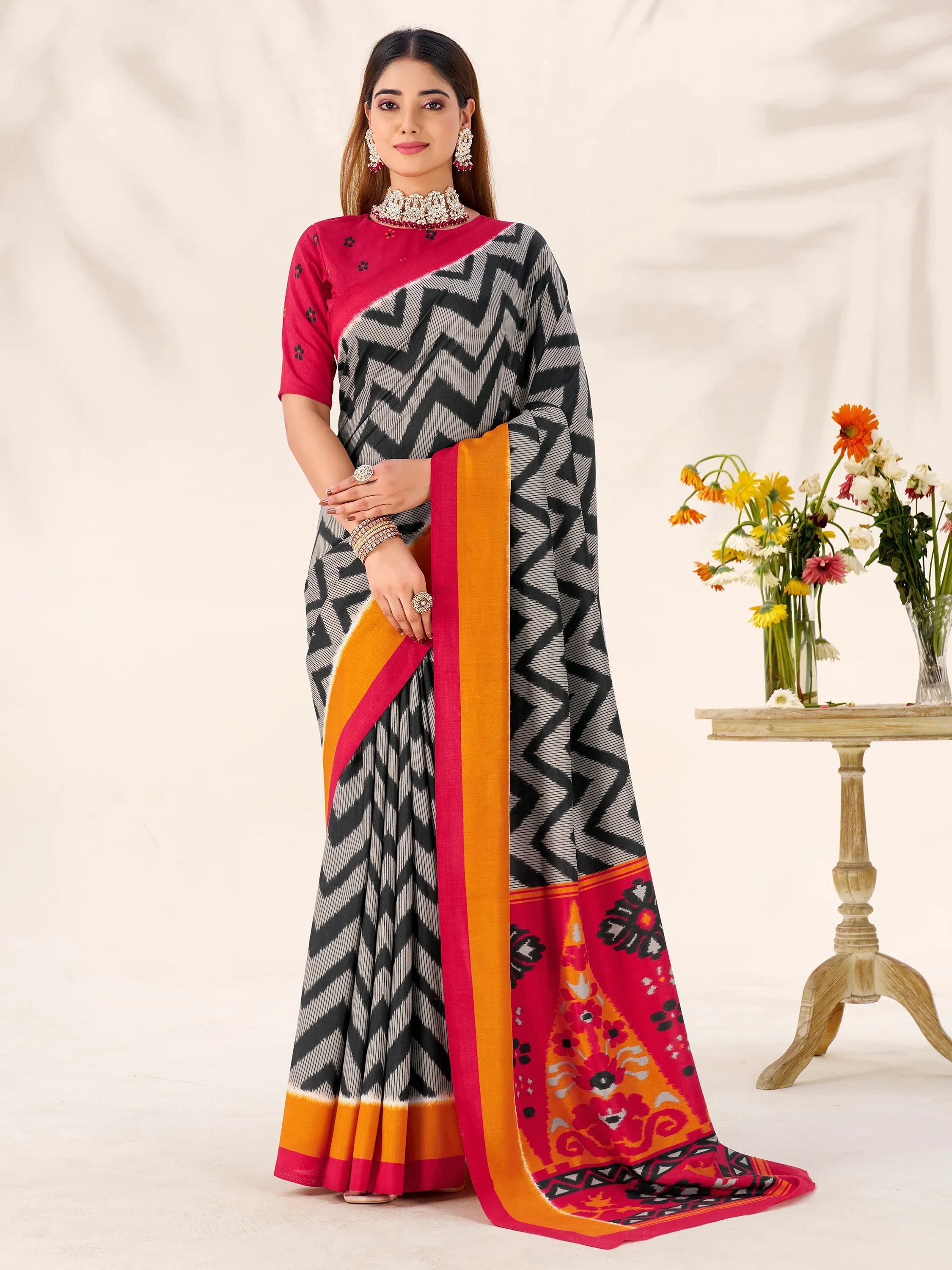 Black Silk Printed Office Wear Saree With Blouse