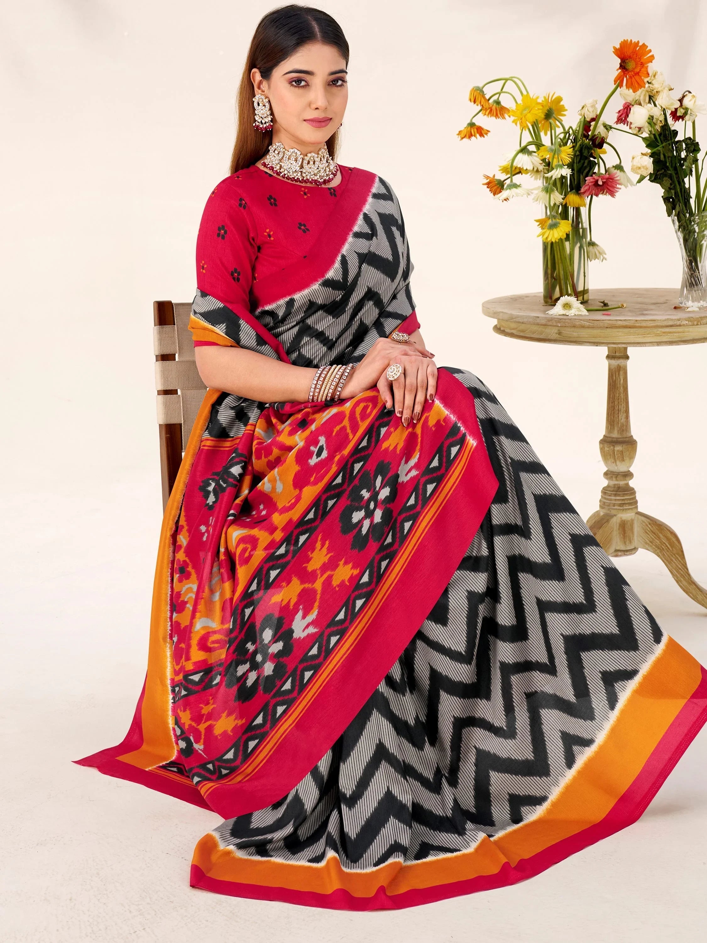 Black Silk Printed Office Wear Saree With Blouse