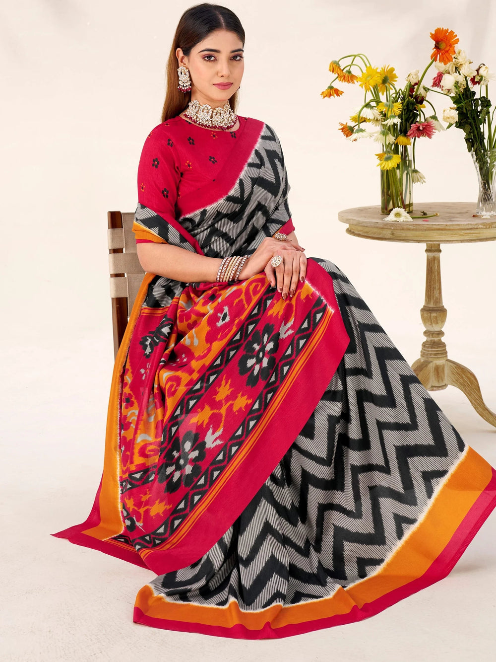 Black Silk Printed Office Wear Saree With Blouse