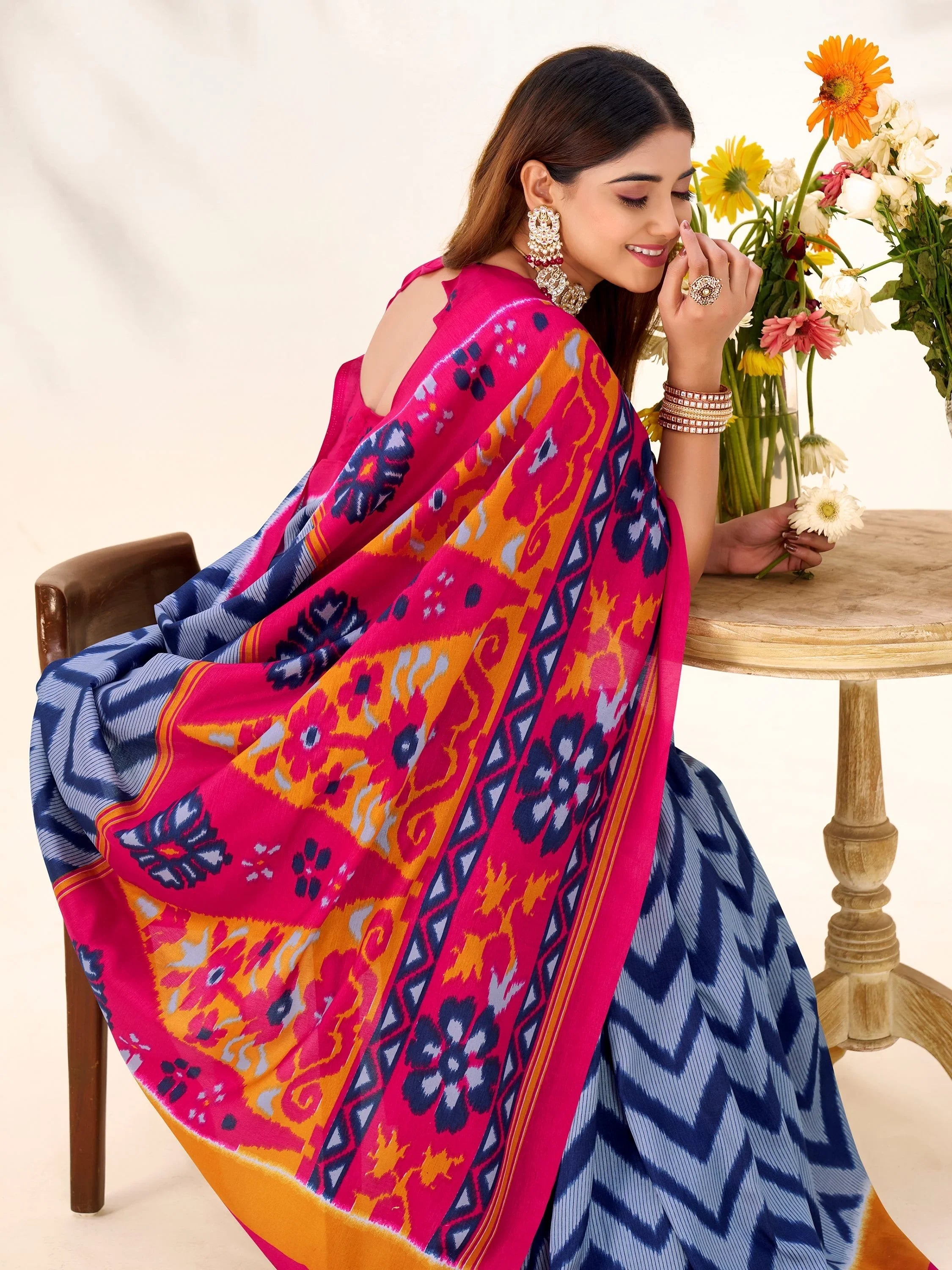 Blue Silk Printed Casual Wear Saree With Blouse