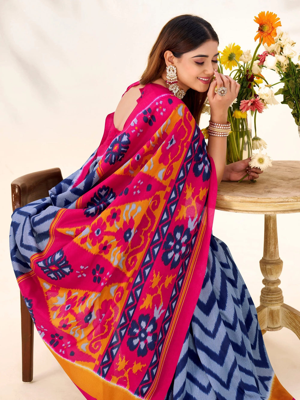 Blue Silk Printed Casual Wear Saree With Blouse