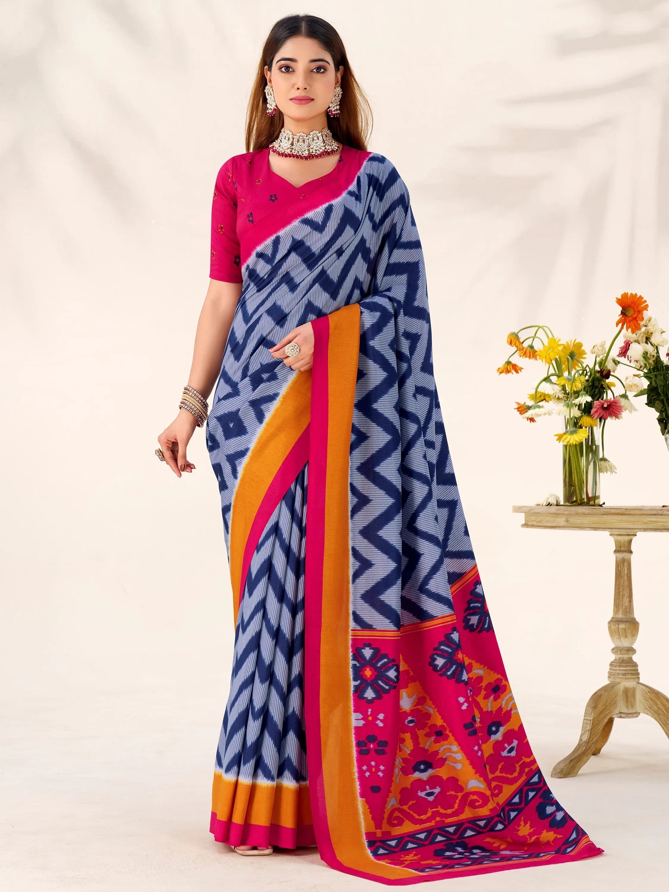 Blue Silk Printed Casual Wear Saree With Blouse