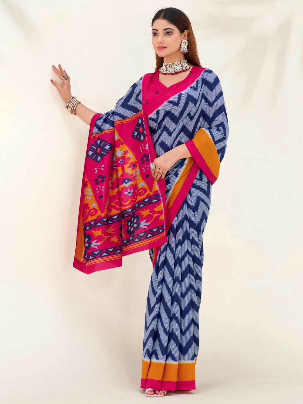 Blue Silk Printed Casual Wear Saree With Blouse