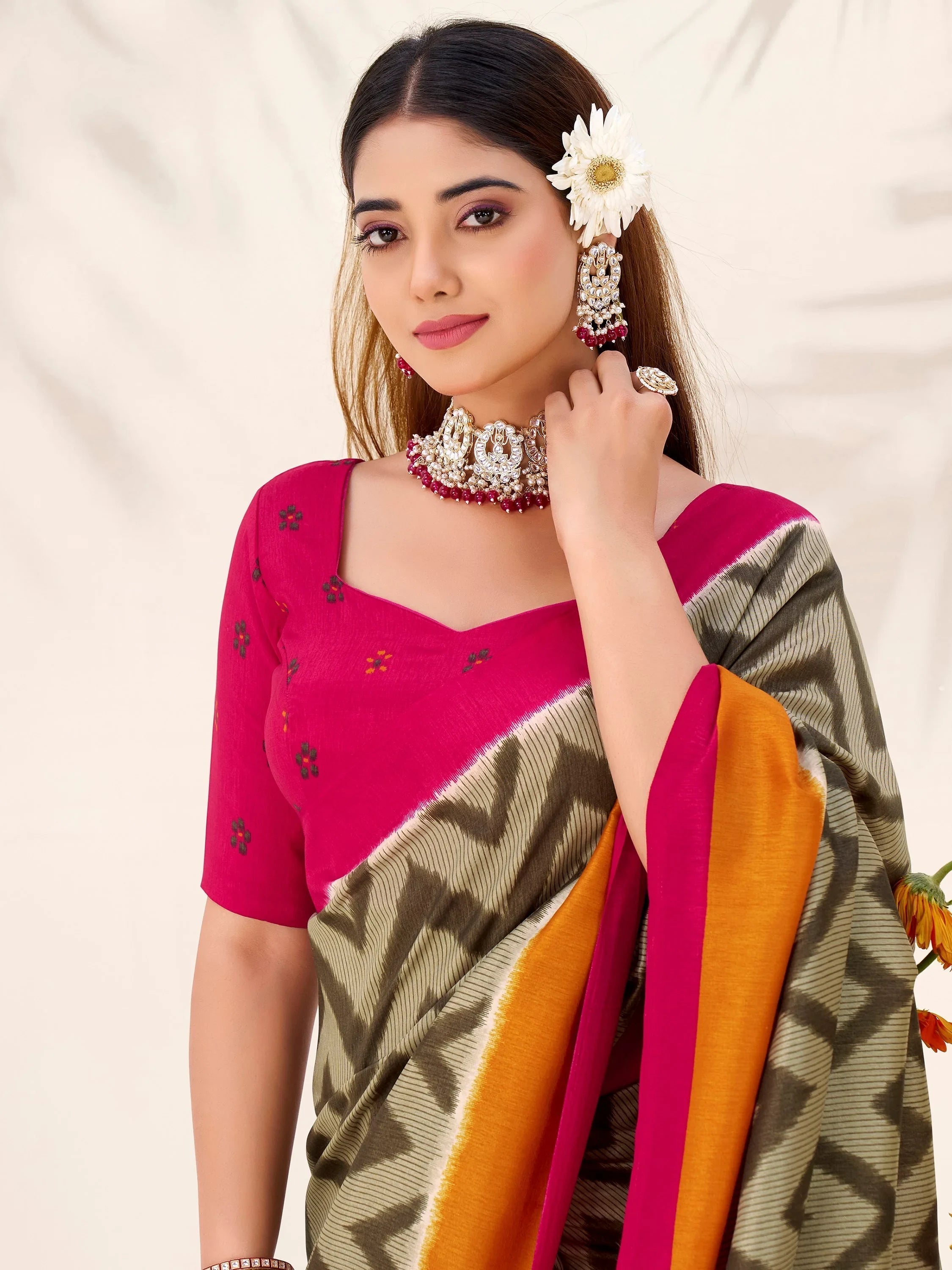 Green Silk Printed Casual Wear Saree With Blouse