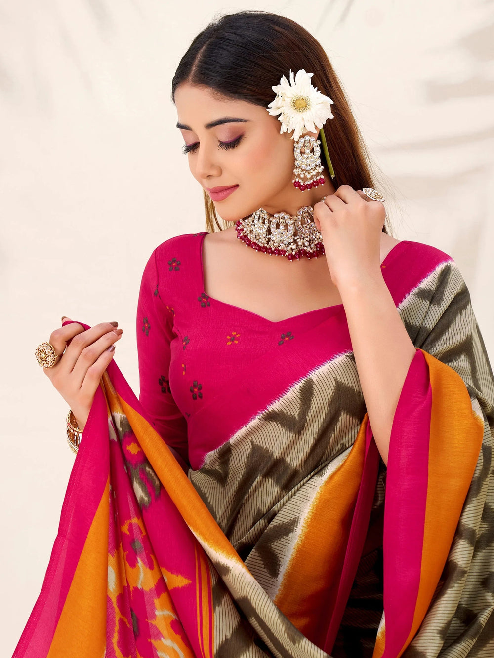 Green Silk Printed Casual Wear Saree With Blouse
