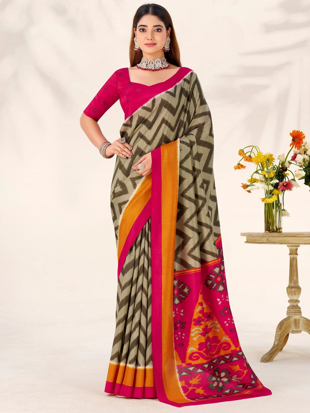 Green Silk Printed Casual Wear Saree With Blouse
