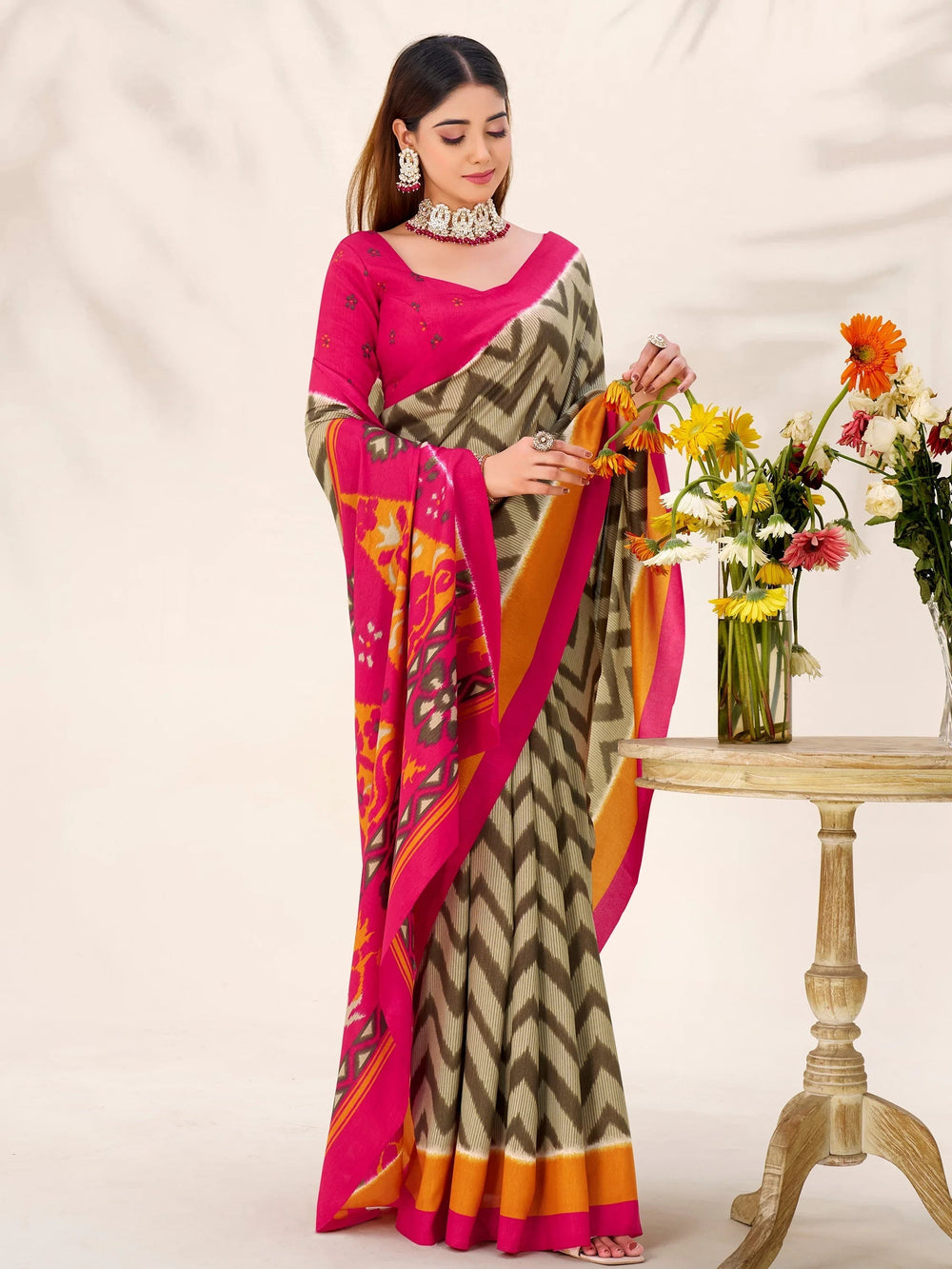 Green Silk Printed Casual Wear Saree With Blouse