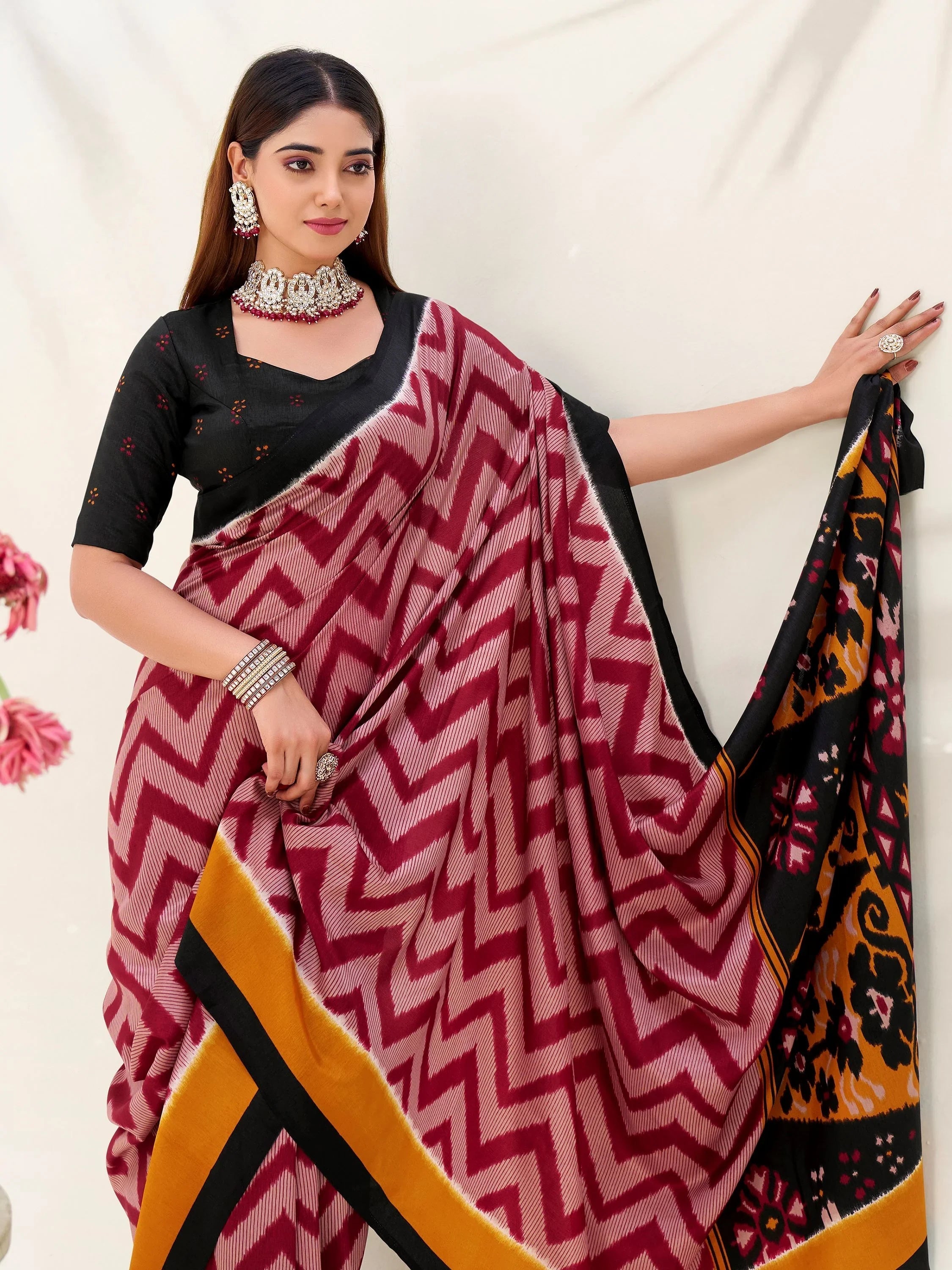 Maroon Silk Printed Festive Wear Saree With Blouse
