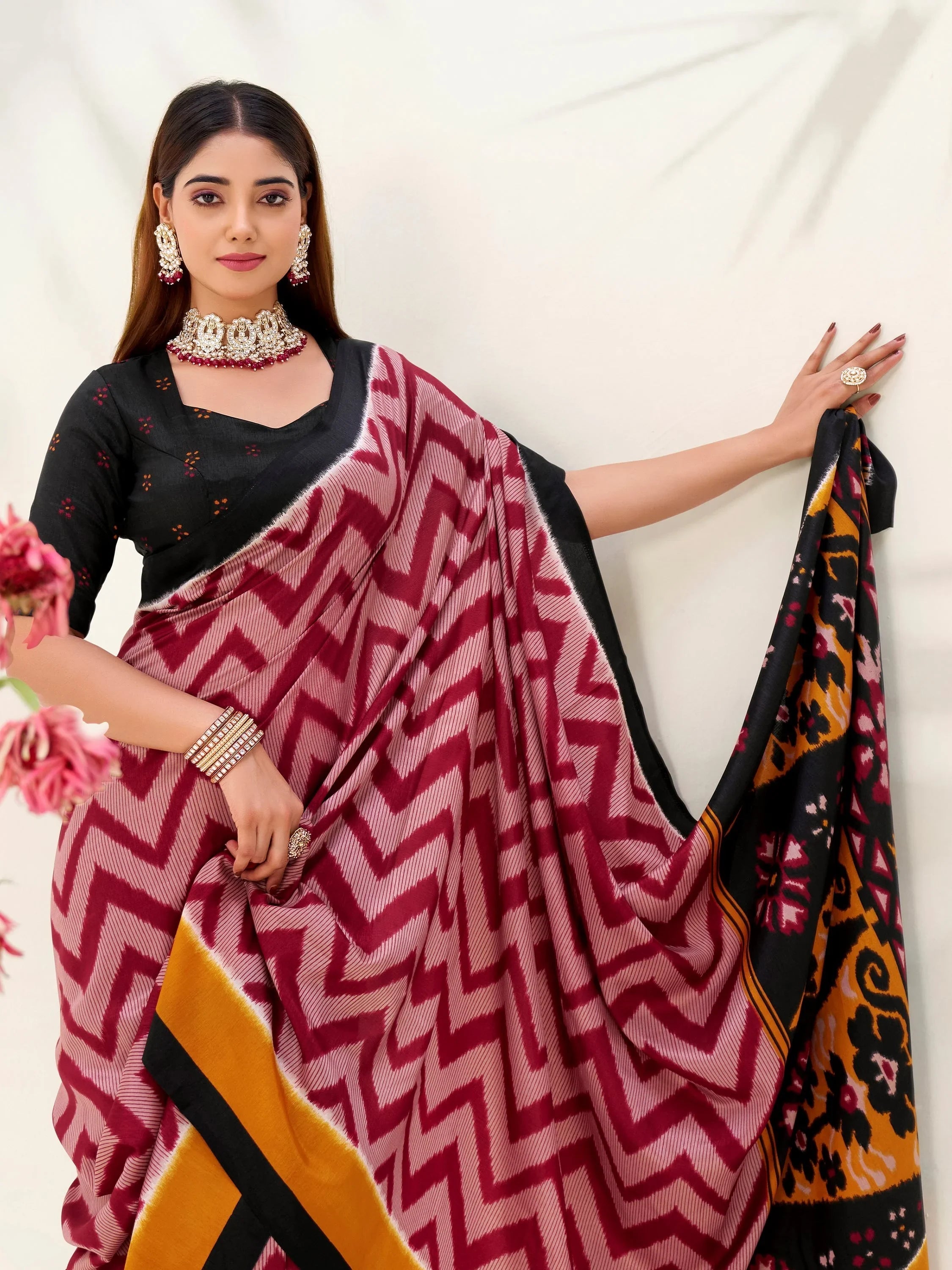 Maroon Silk Printed Festive Wear Saree With Blouse