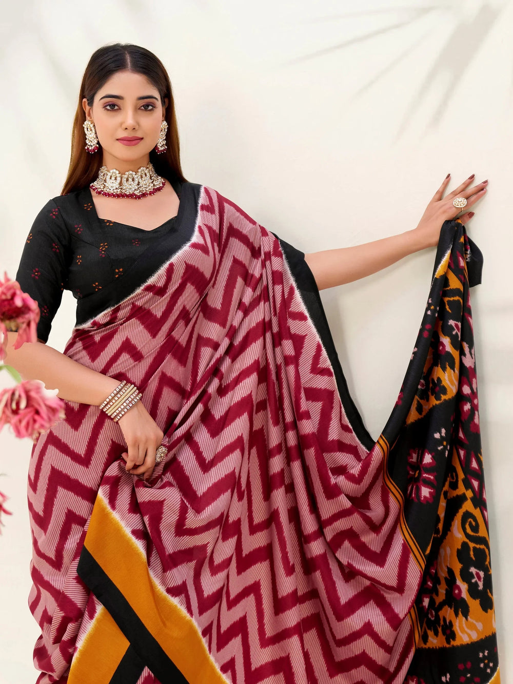 Maroon Silk Printed Festive Wear Saree With Blouse