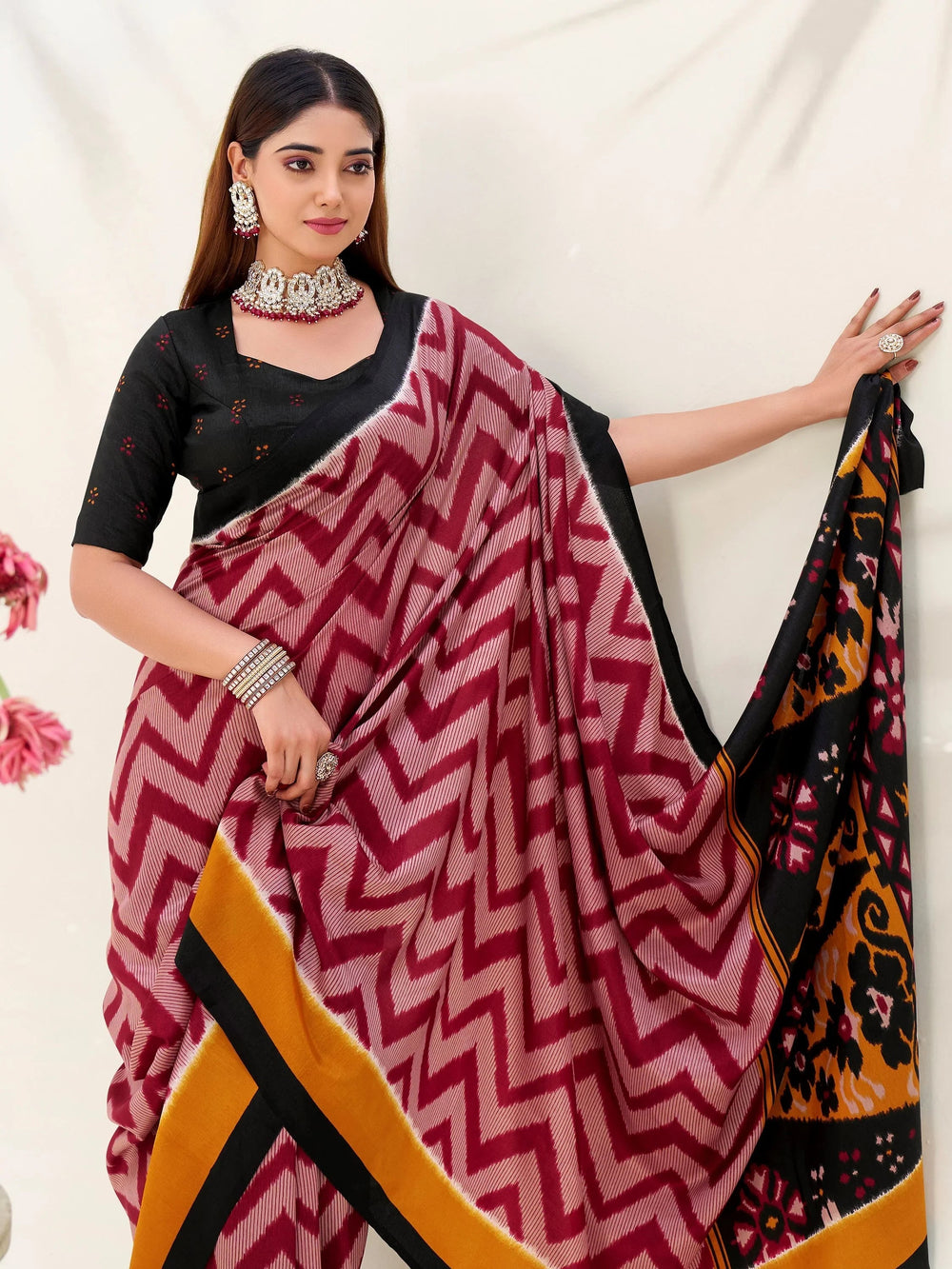 Maroon Silk Printed Festive Wear Saree With Blouse