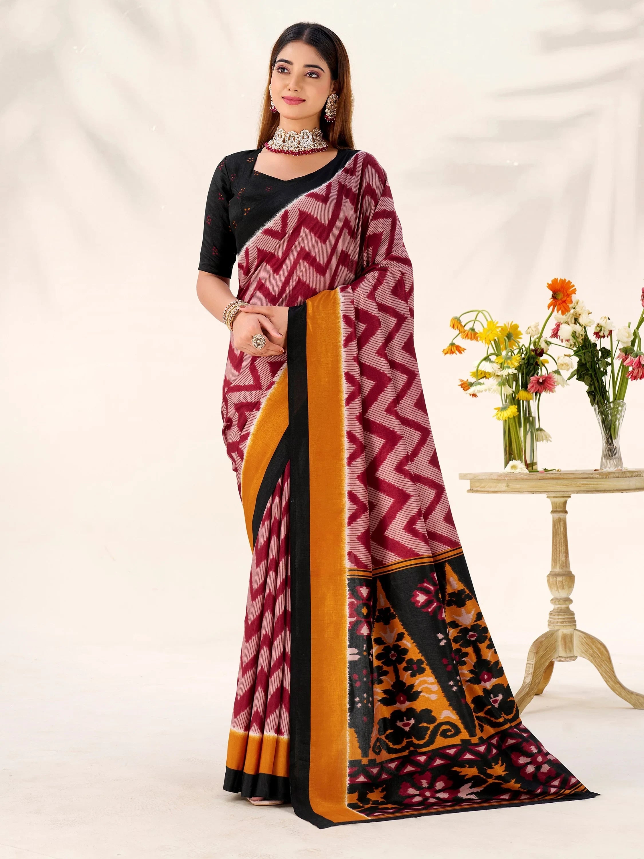Maroon Silk Printed Festive Wear Saree With Blouse