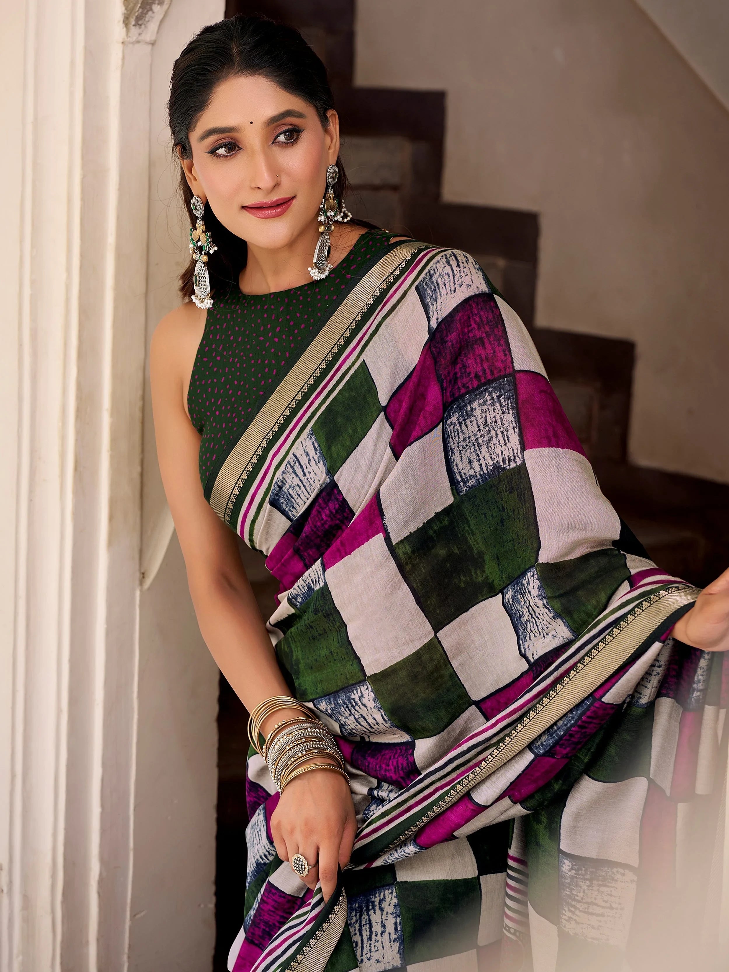 Green Polyester Digital Printed Office Wear Saree With Blouse