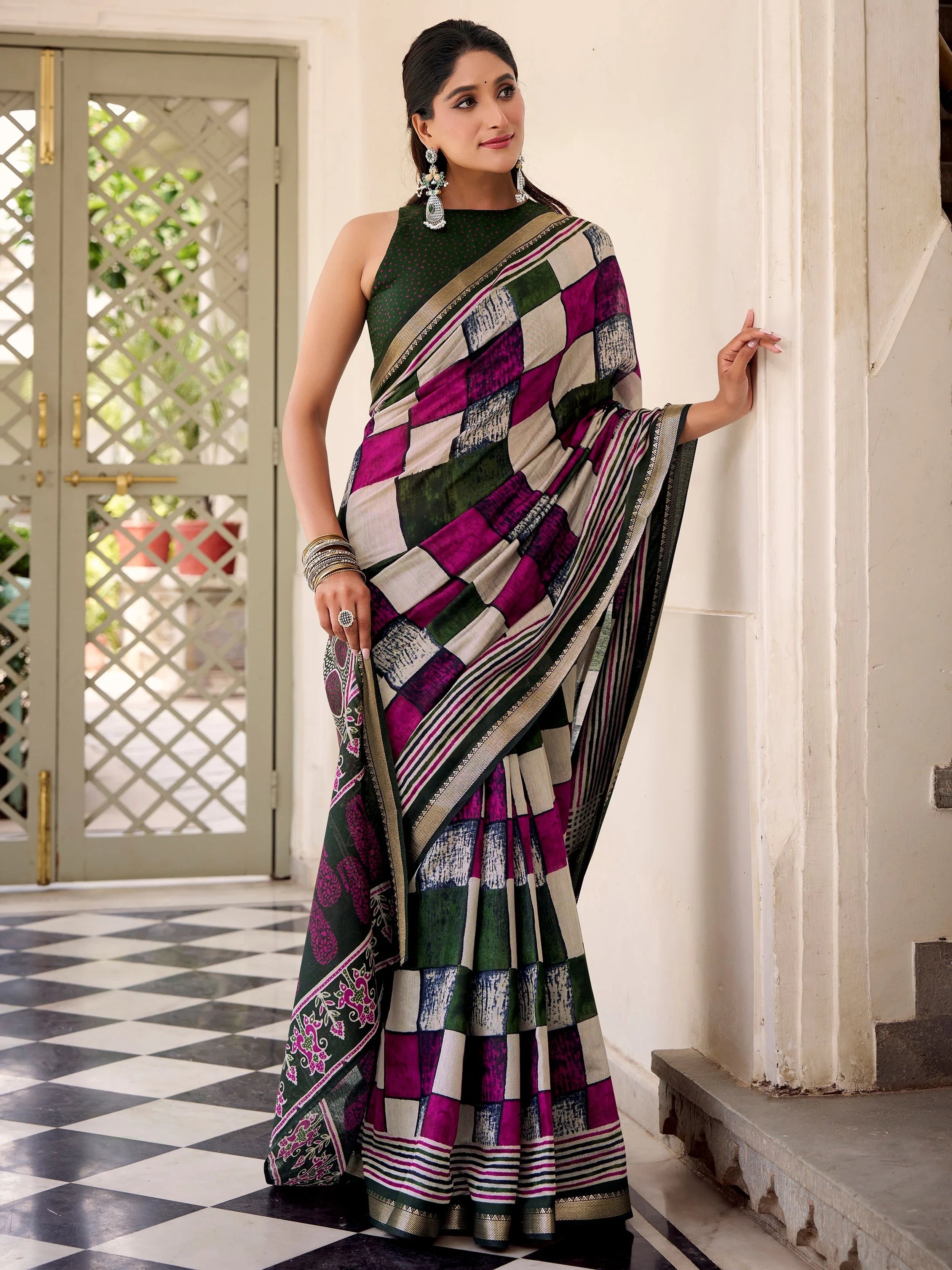 Green Polyester Digital Printed Office Wear Saree With Blouse