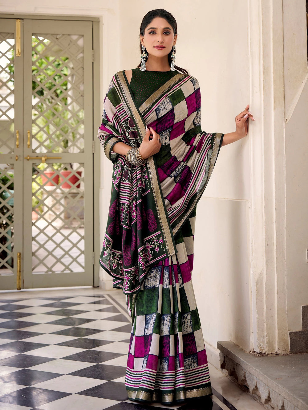 Green Polyester Digital Printed Office Wear Saree With Blouse