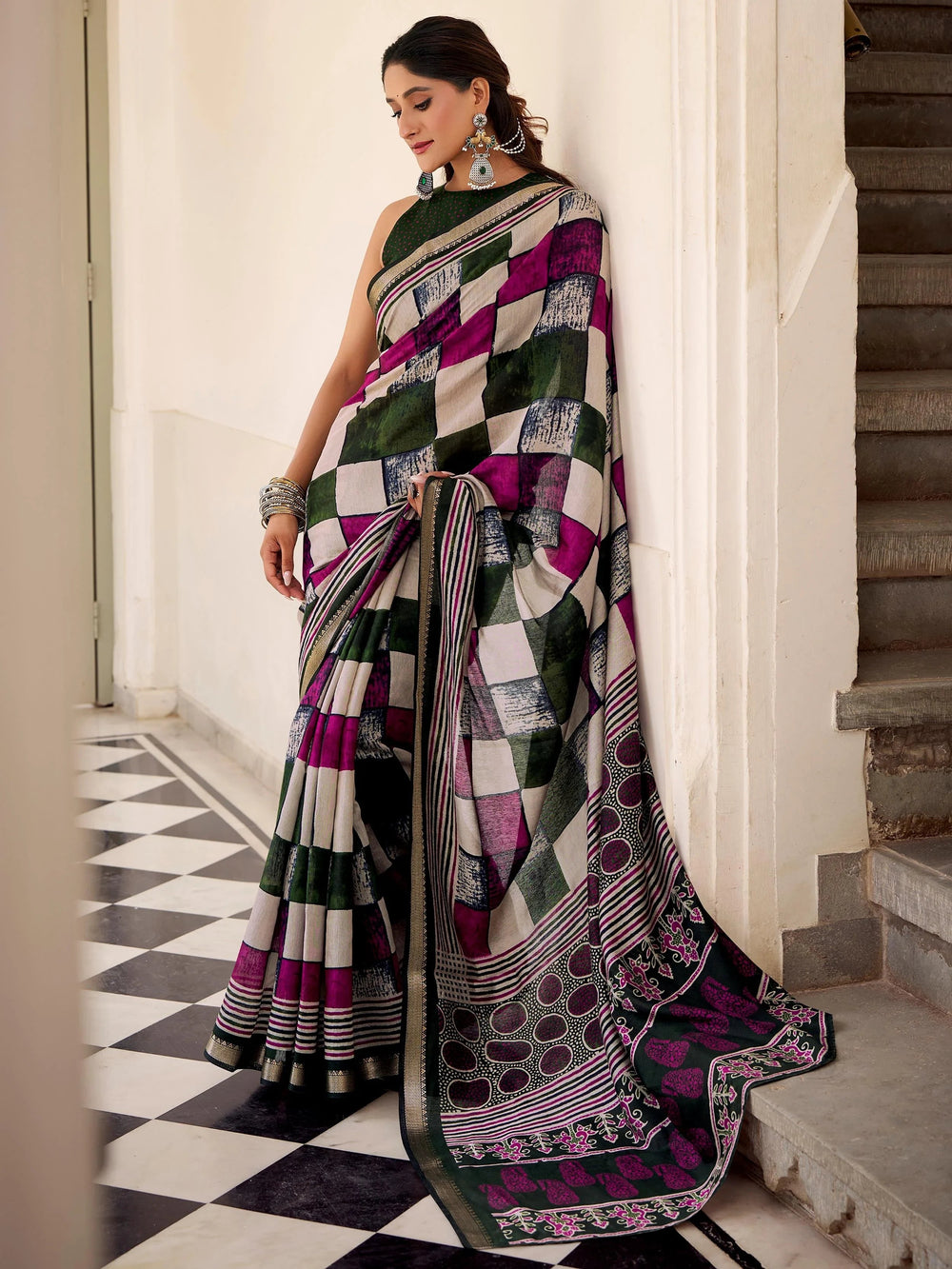 Green Polyester Digital Printed Office Wear Saree With Blouse
