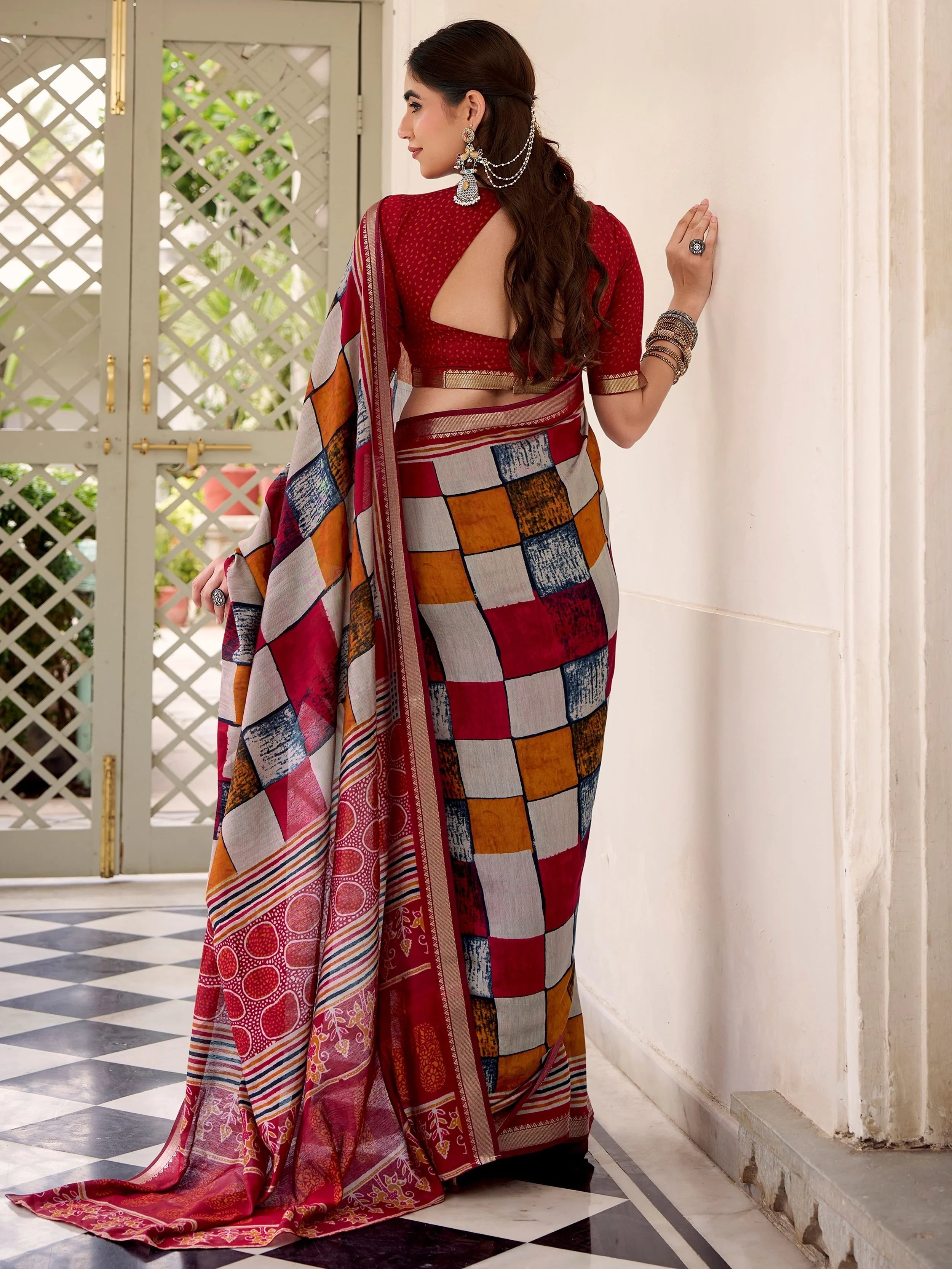 Maroon Polyester Digital Printed Casual Wear Saree With Blouse