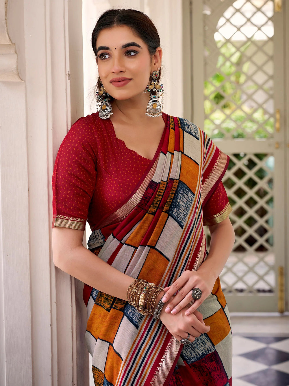 Maroon Polyester Digital Printed Casual Wear Saree With Blouse