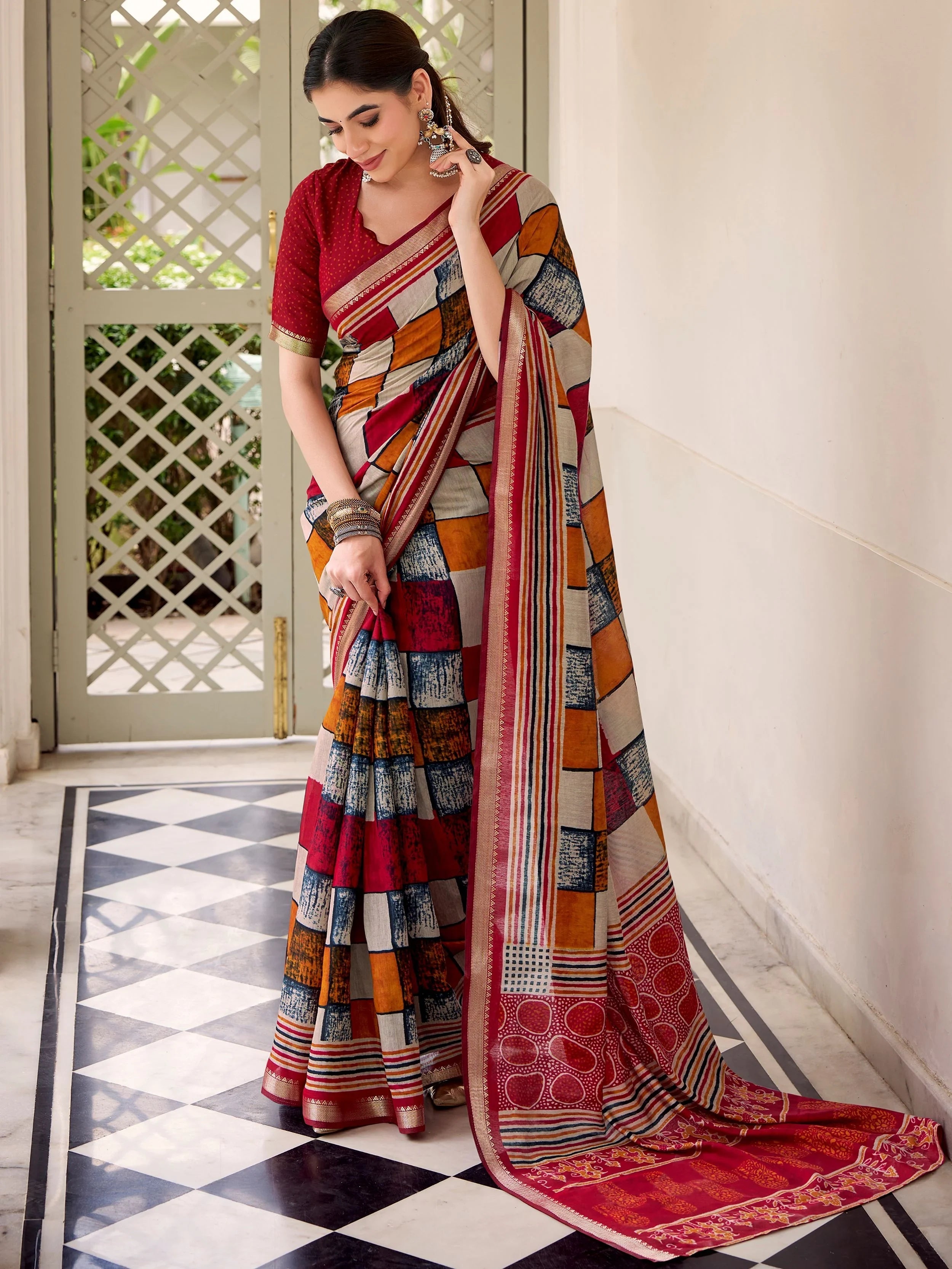 Maroon Polyester Digital Printed Casual Wear Saree With Blouse