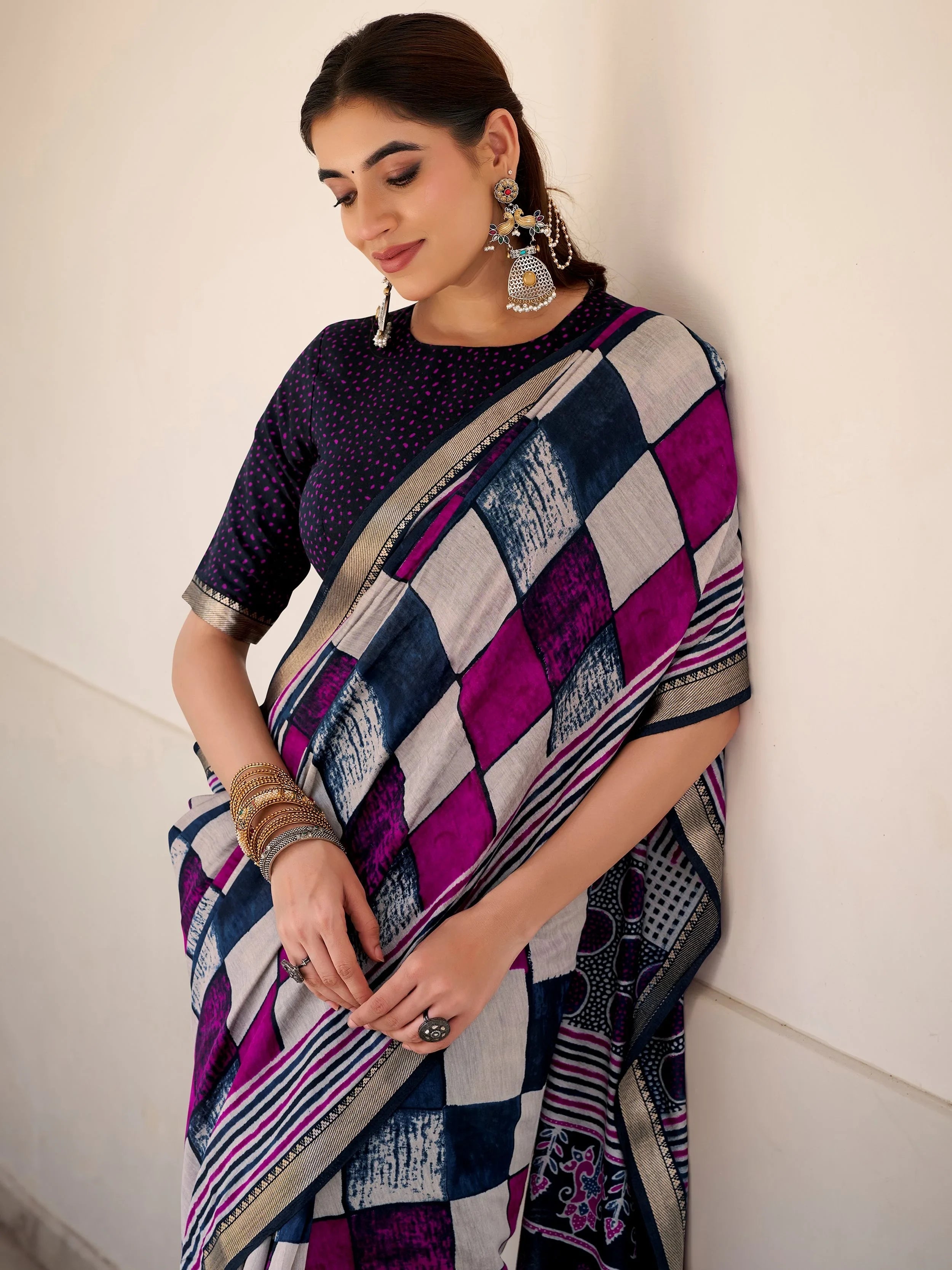 Blue Polyester Digital Printed Casual Wear Saree With Blouse