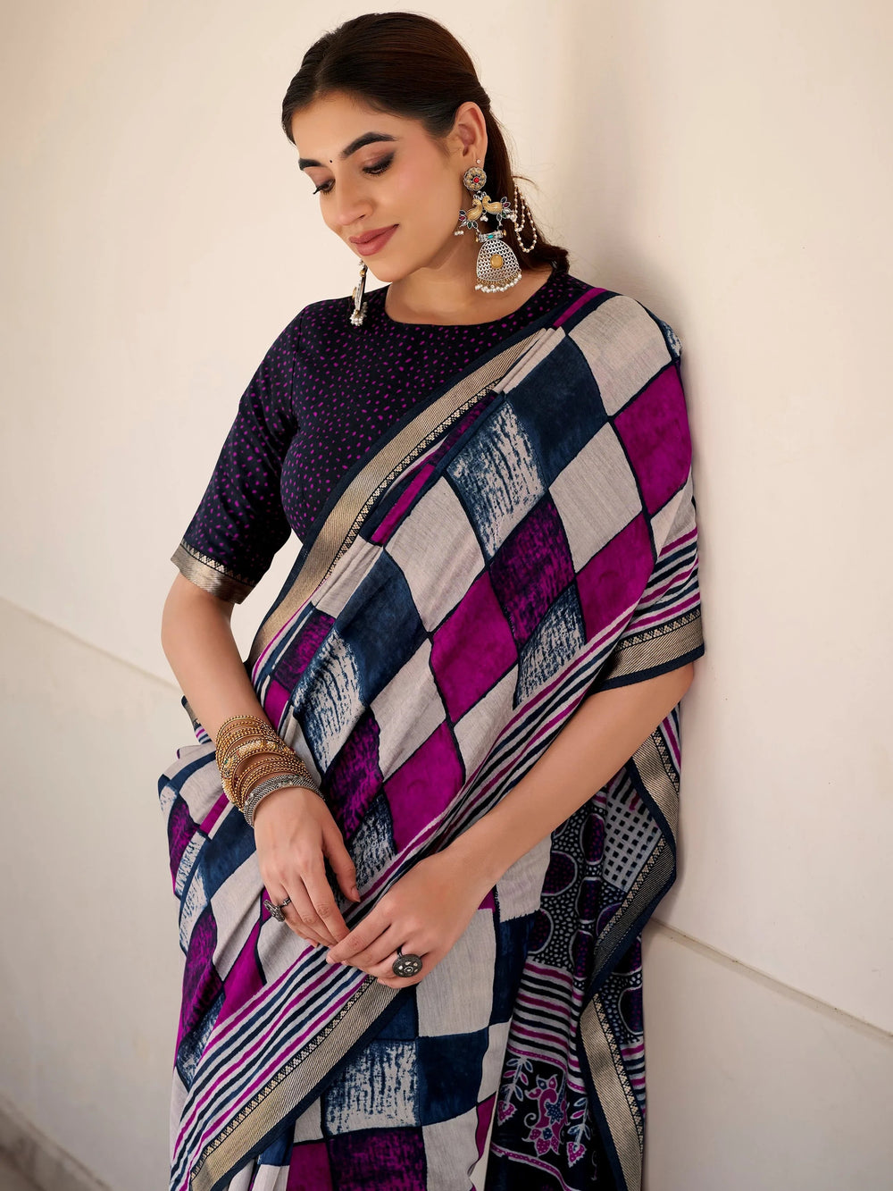 Blue Polyester Digital Printed Casual Wear Saree With Blouse