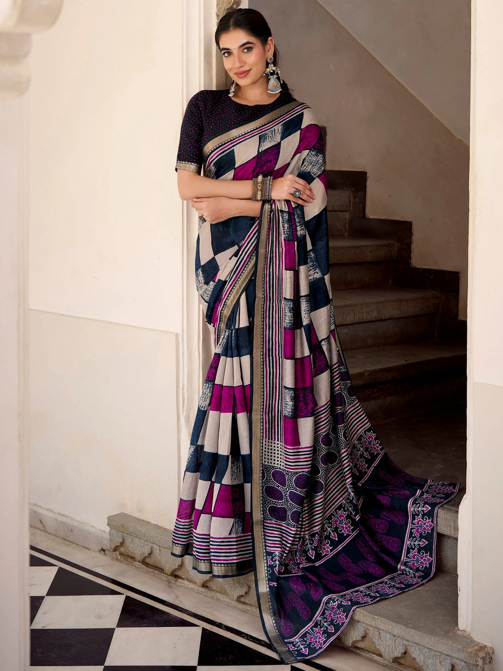 Blue Polyester Digital Printed Casual Wear Saree With Blouse