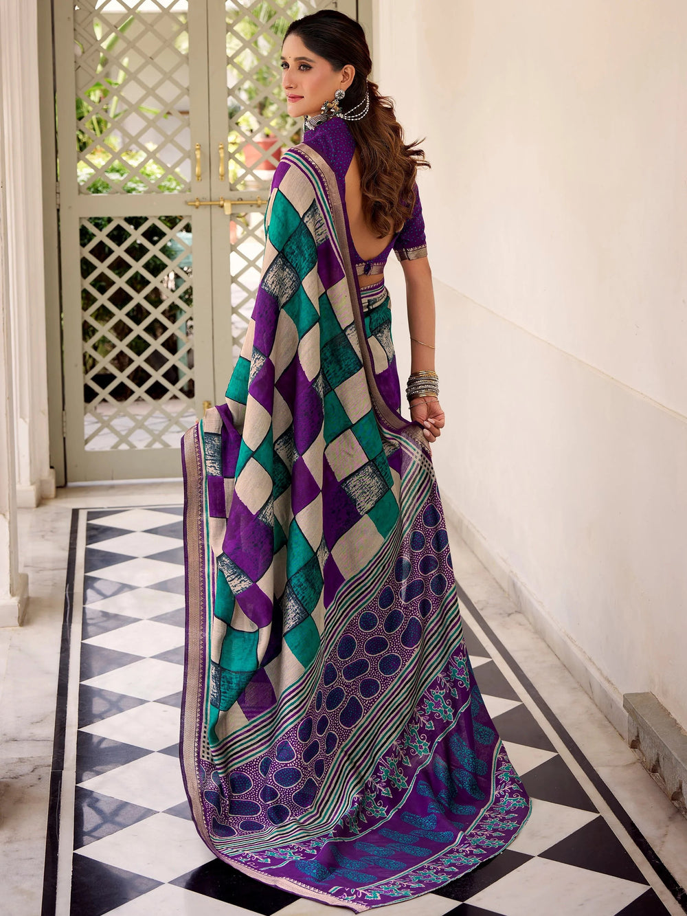Purple Polyester Digital Printed Casual Wear Saree With Blouse