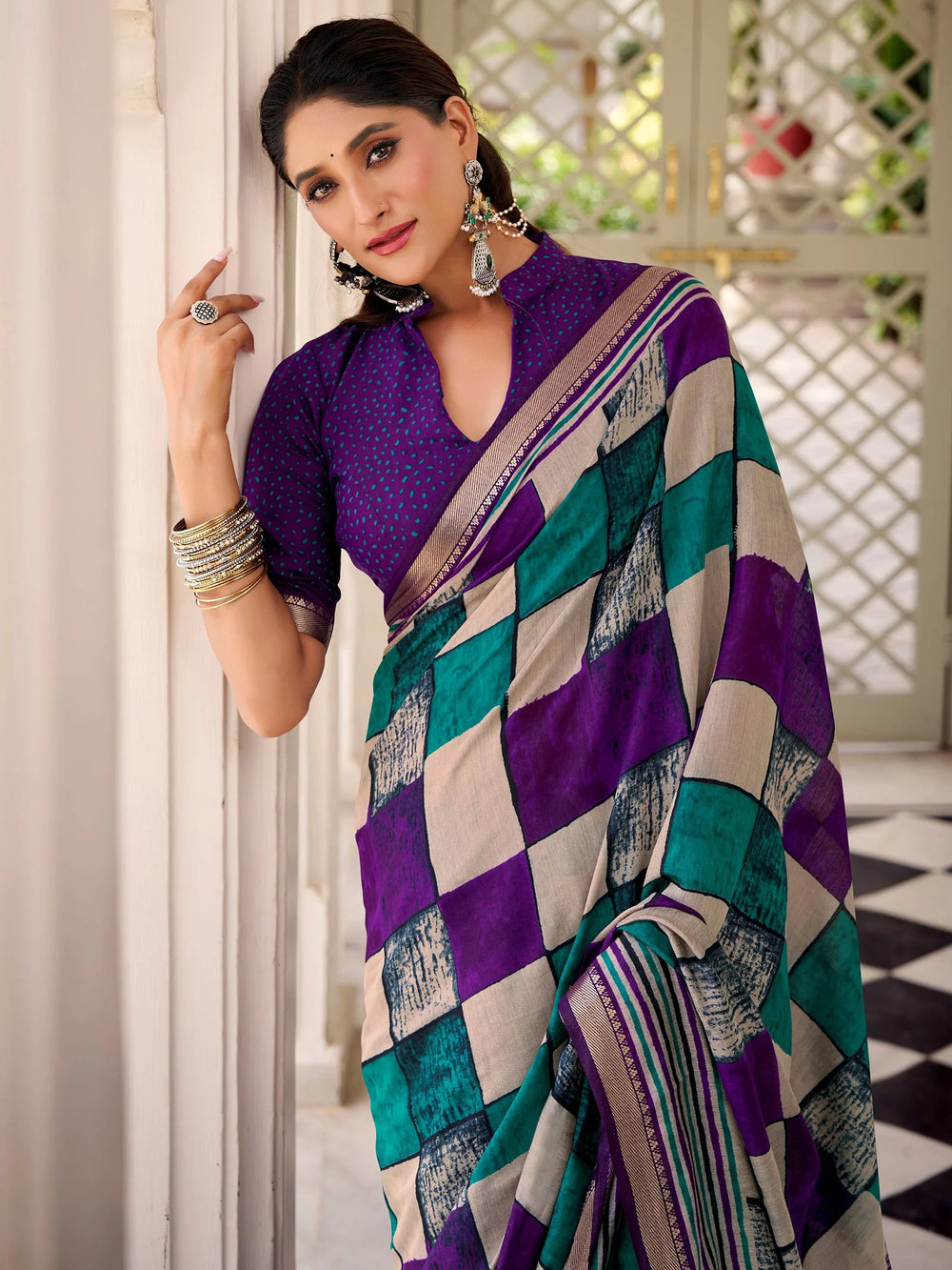 Purple Polyester Digital Printed Casual Wear Saree With Blouse