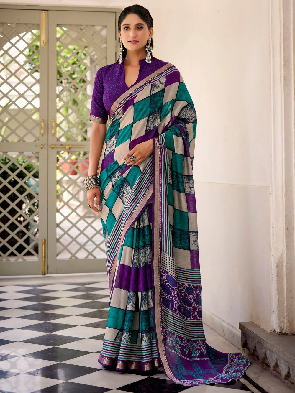 Purple Polyester Digital Printed Casual Wear Saree With Blouse