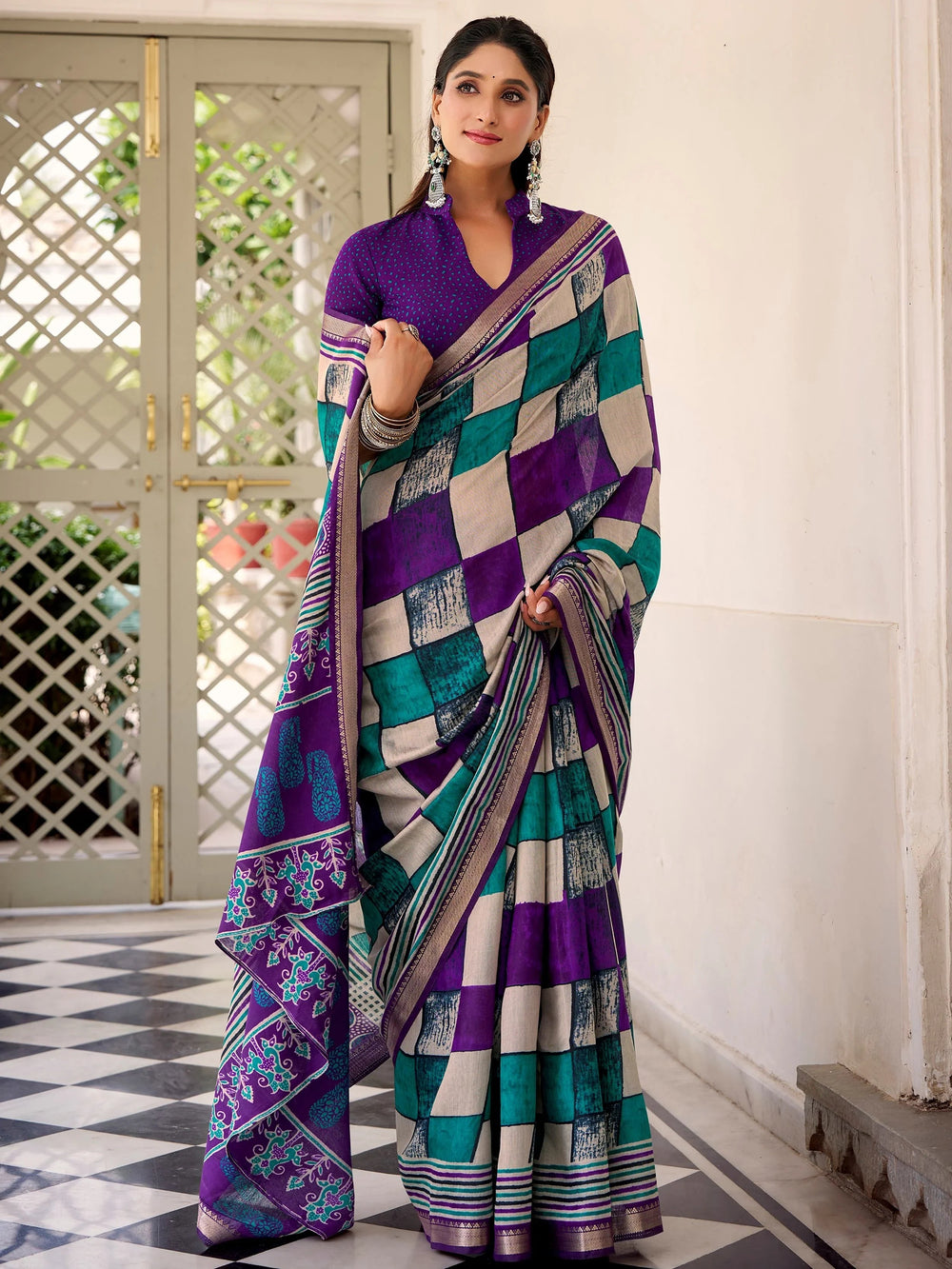 Purple Polyester Digital Printed Casual Wear Saree With Blouse