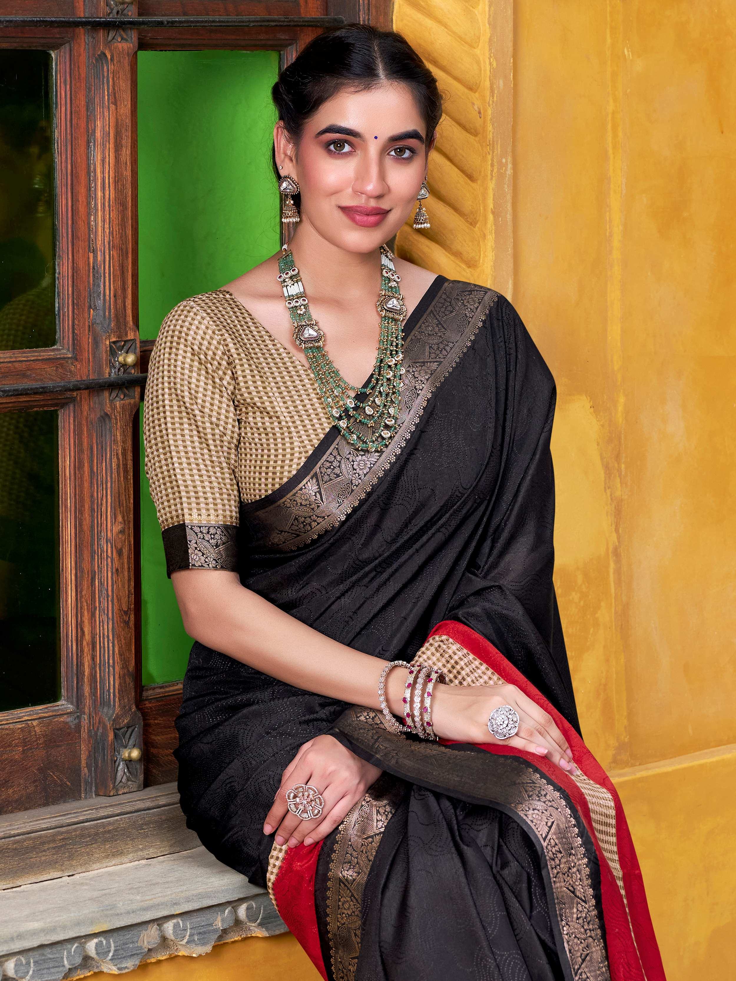 Black Poly Cotton Printed Casual Wear Saree With Blouse