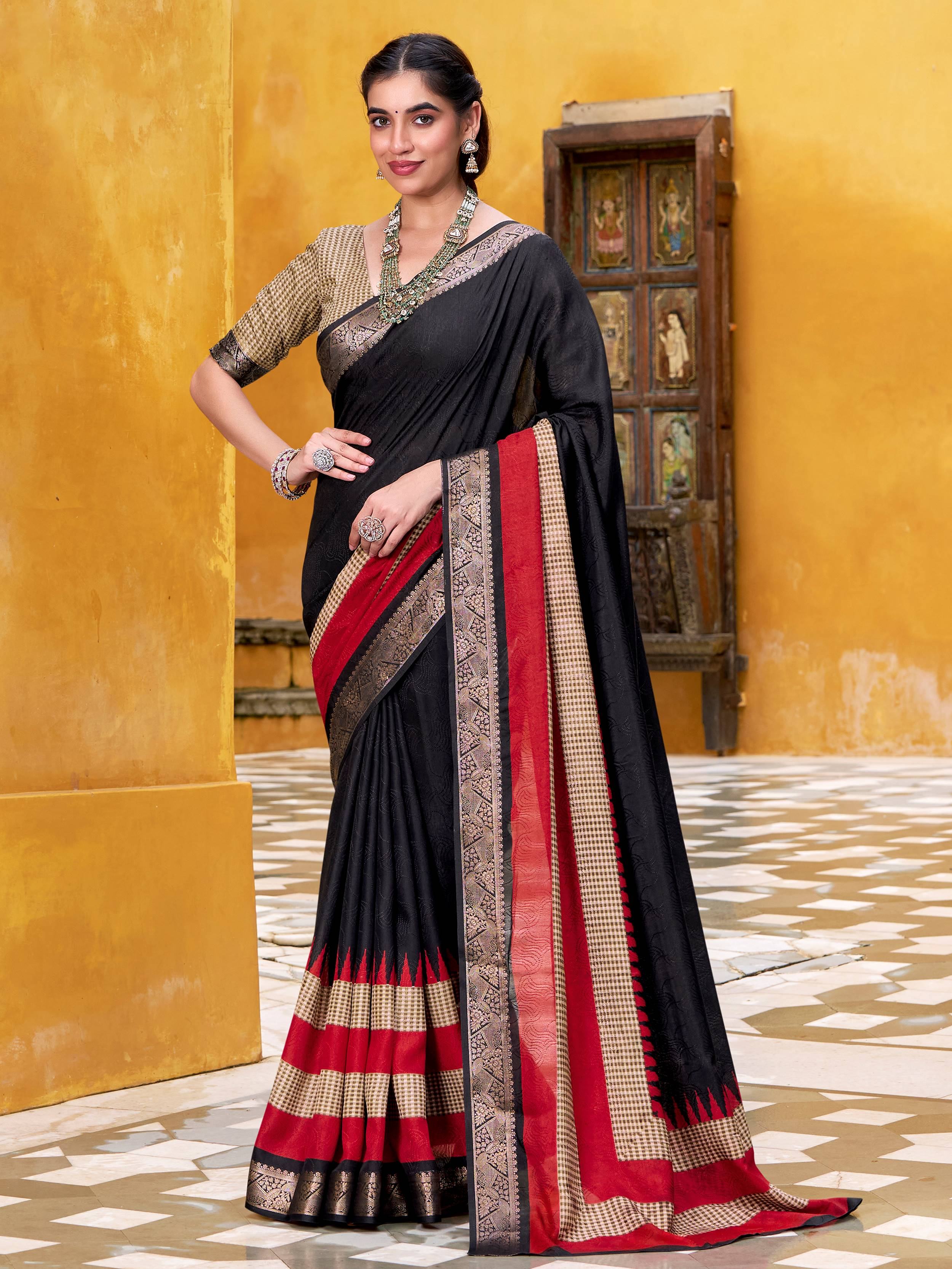 Black Poly Cotton Printed Casual Wear Saree With Blouse