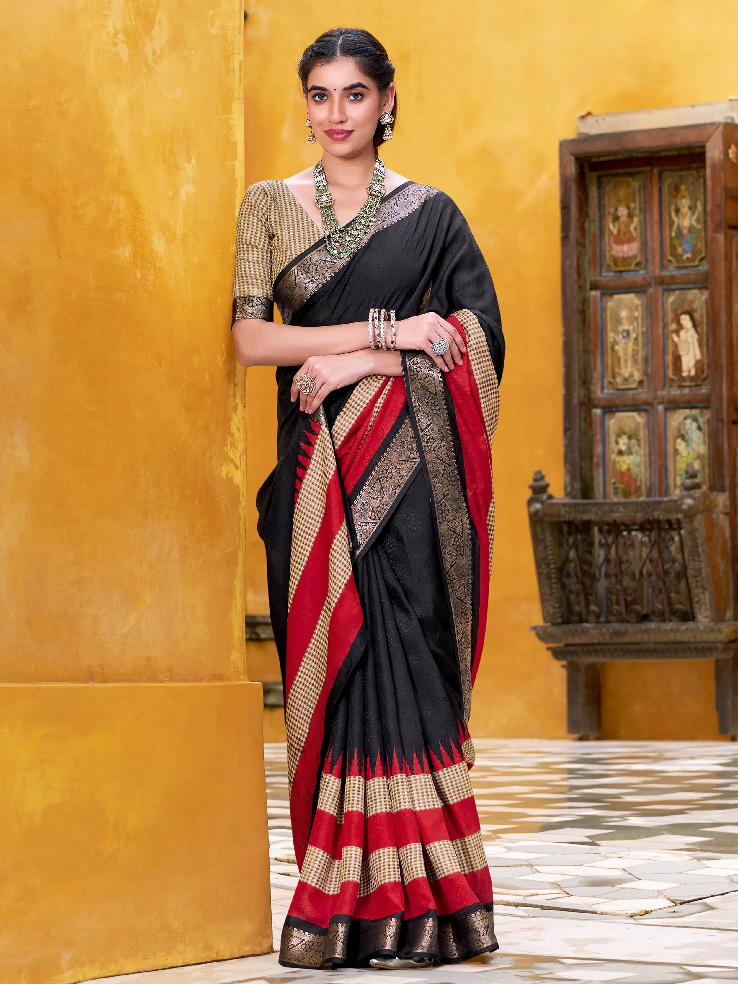 Black Poly Cotton Printed Casual Wear Saree With Blouse