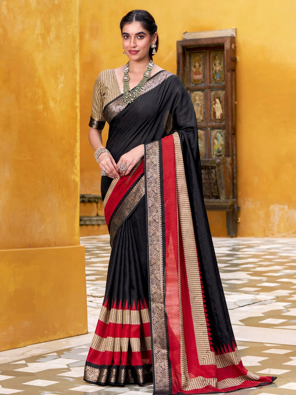 Black Poly Cotton Printed Casual Wear Saree With Blouse