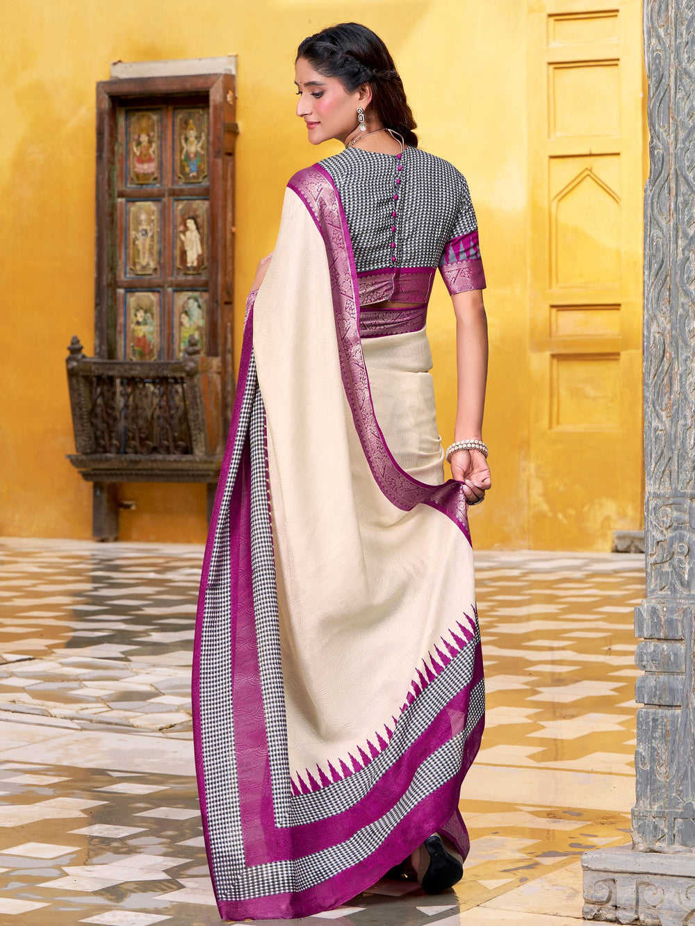 Off-White Poly Cotton Zari Weaving Event Wear Saree