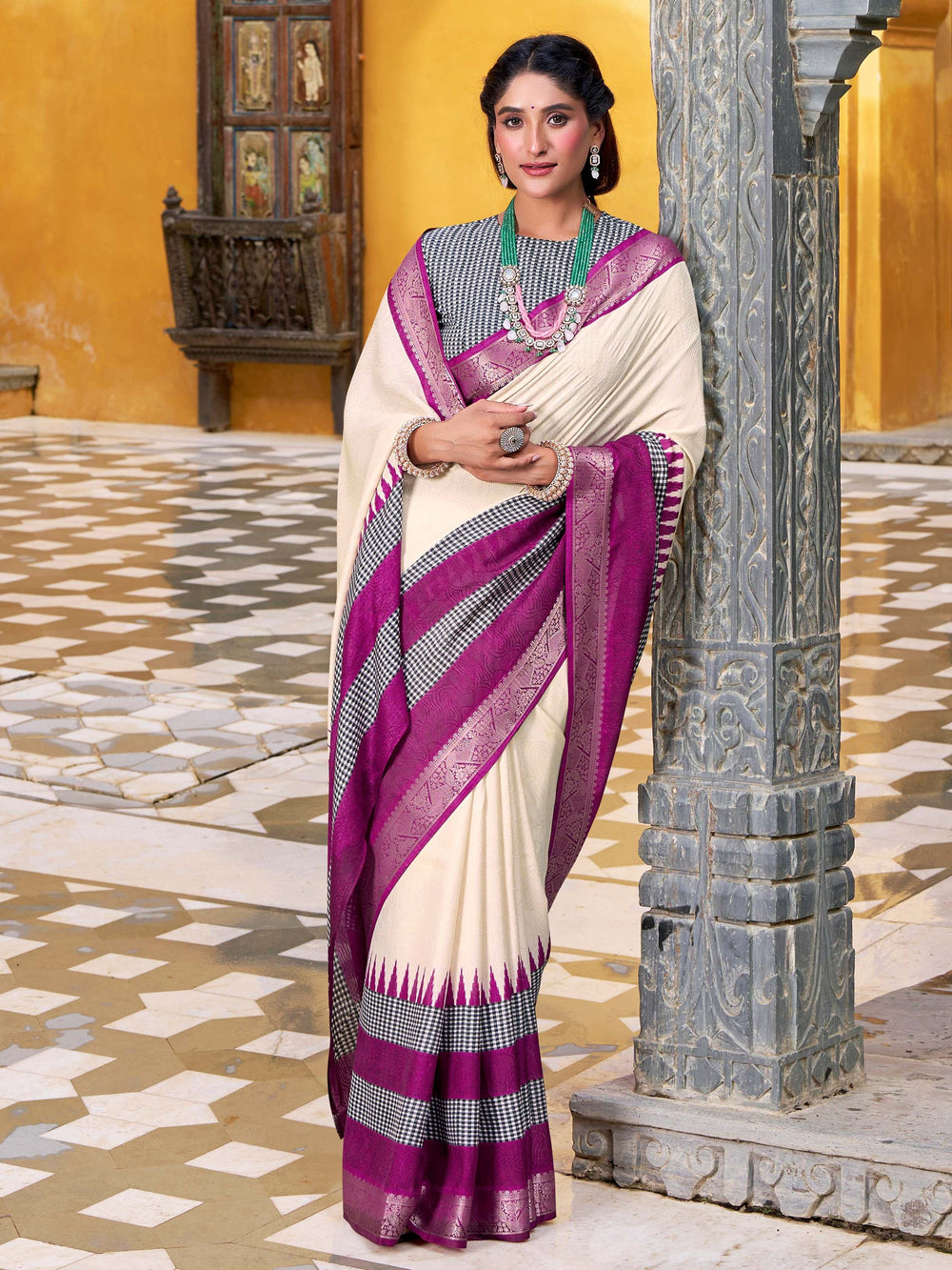 Off-White Poly Cotton Zari Weaving Event Wear Saree